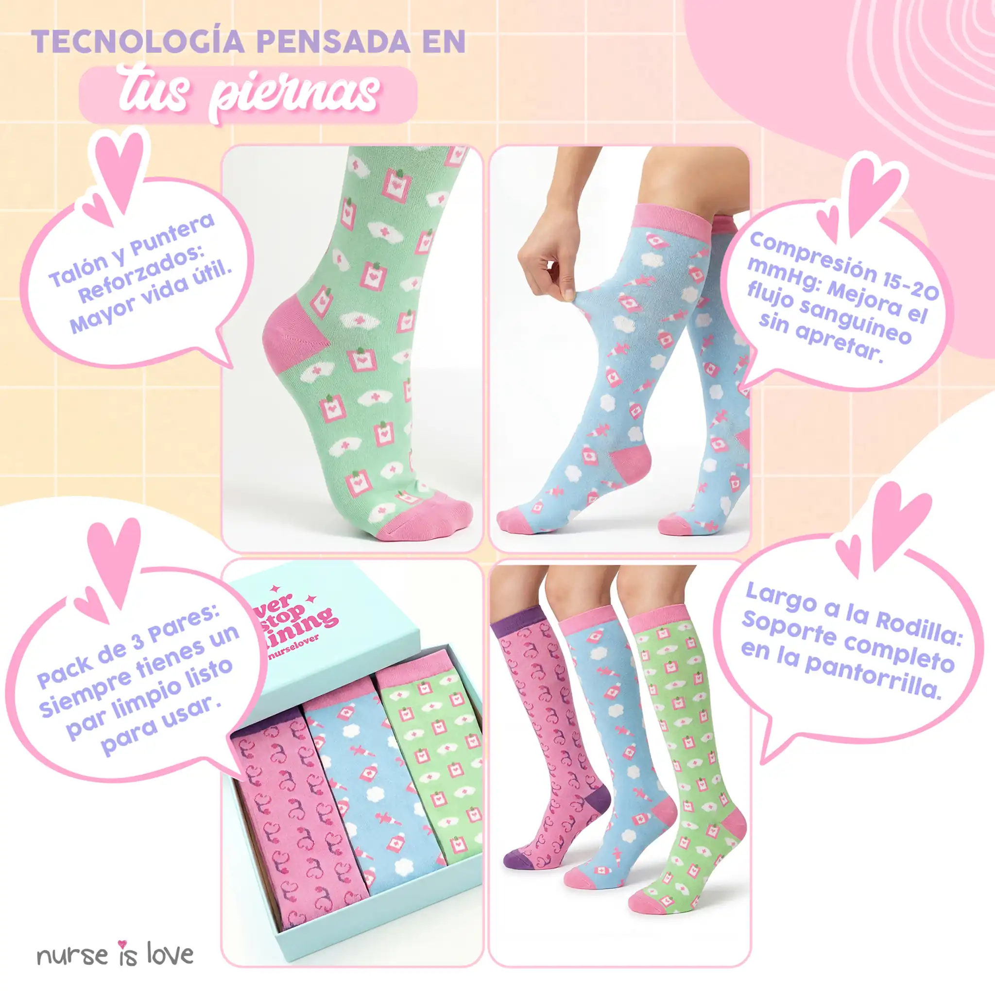 Kompressionsstrümpfe für Krankenschwestern Muster 2 Set mit 3 Paaren
