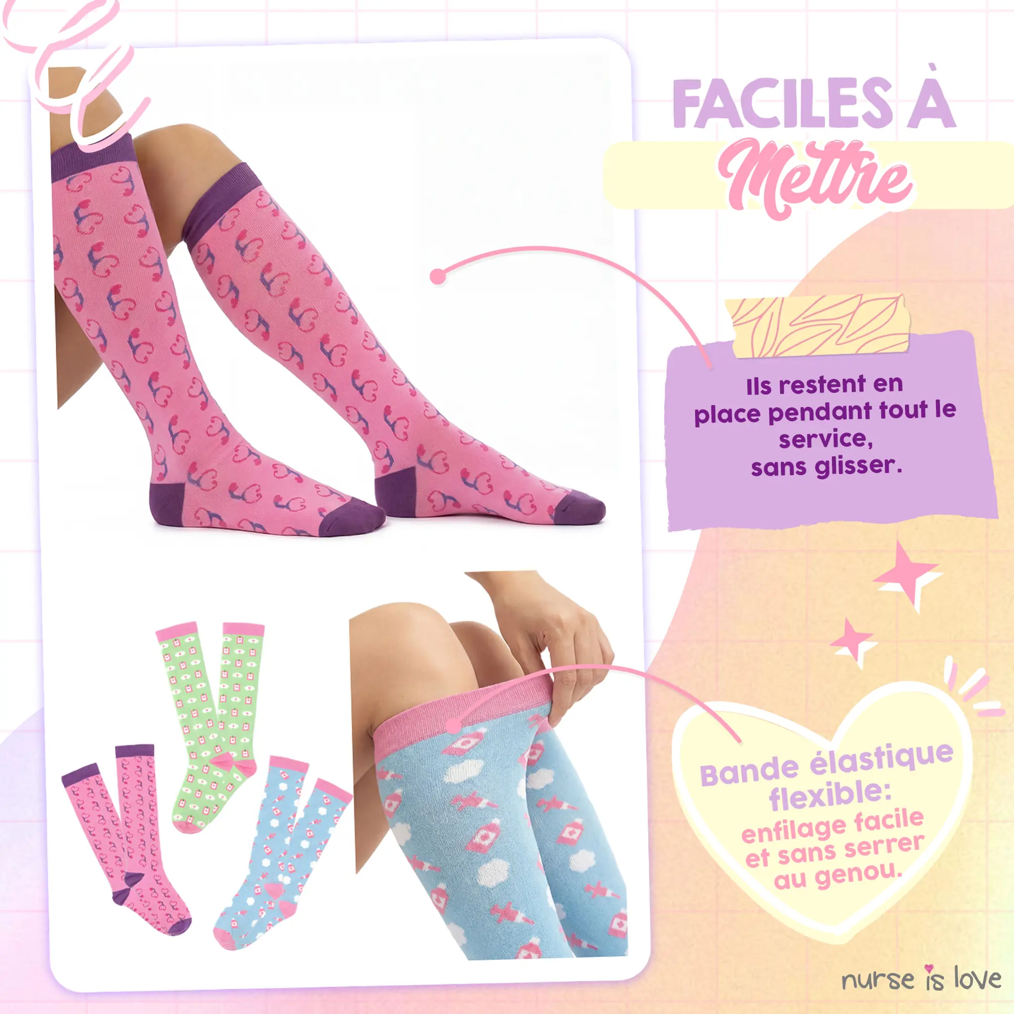 Lot de chaussettes de compression pour infirmières Motifs 2 (3 paires)