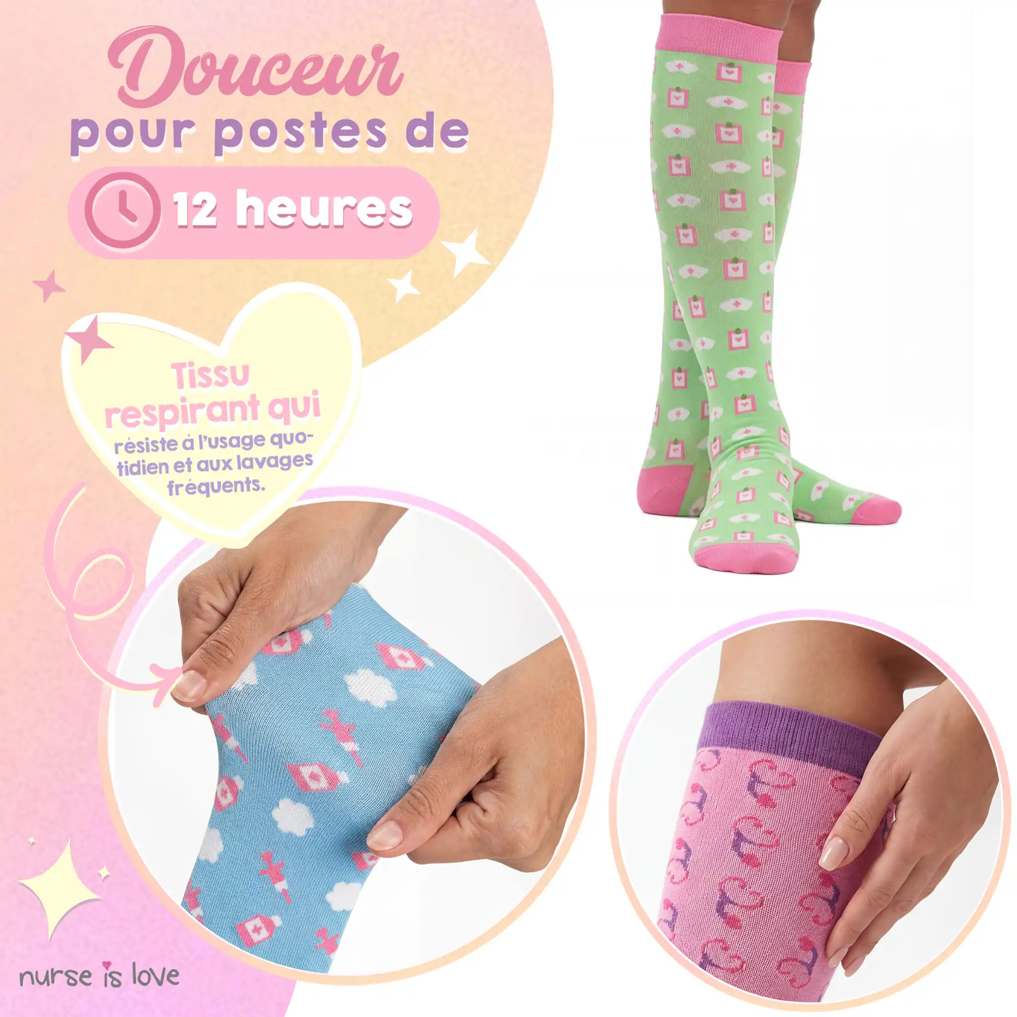 Lot de chaussettes de compression pour infirmières Motifs 2 (3 paires)