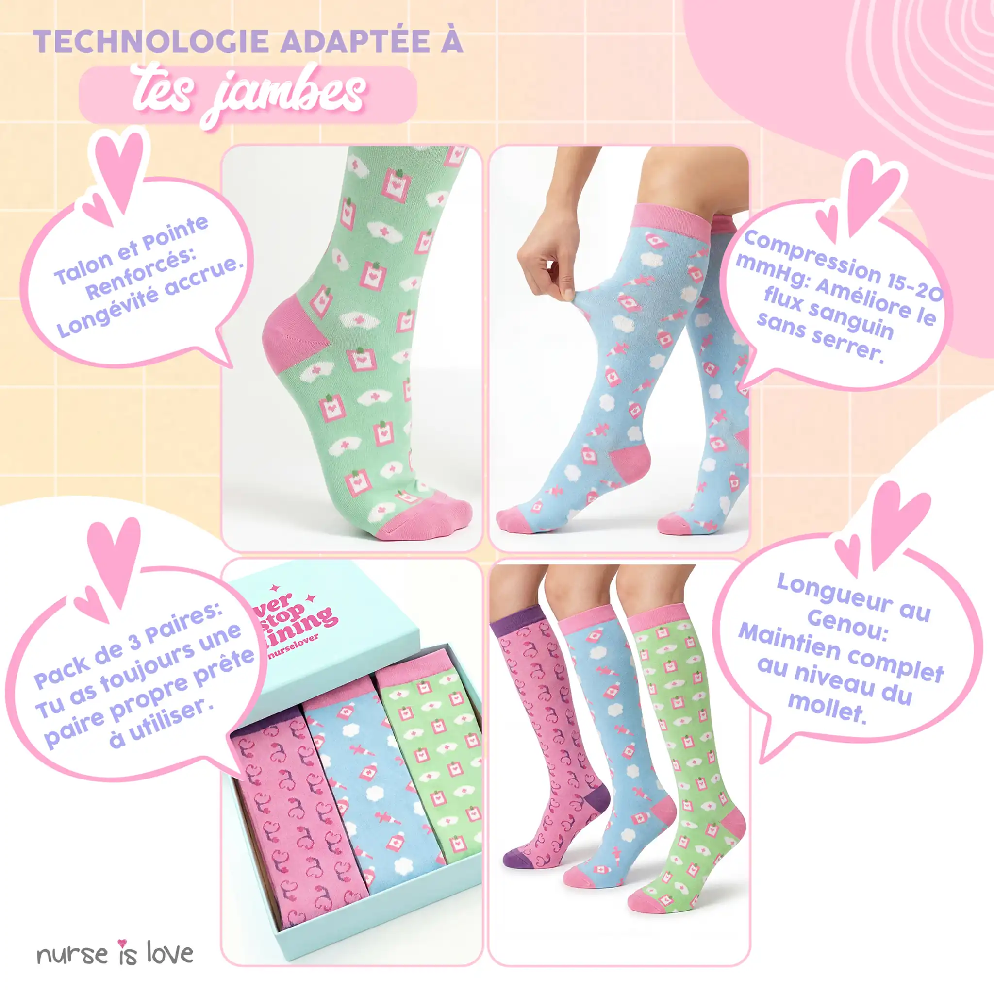 Lot de chaussettes de compression pour infirmières Motifs 2 (3 paires)