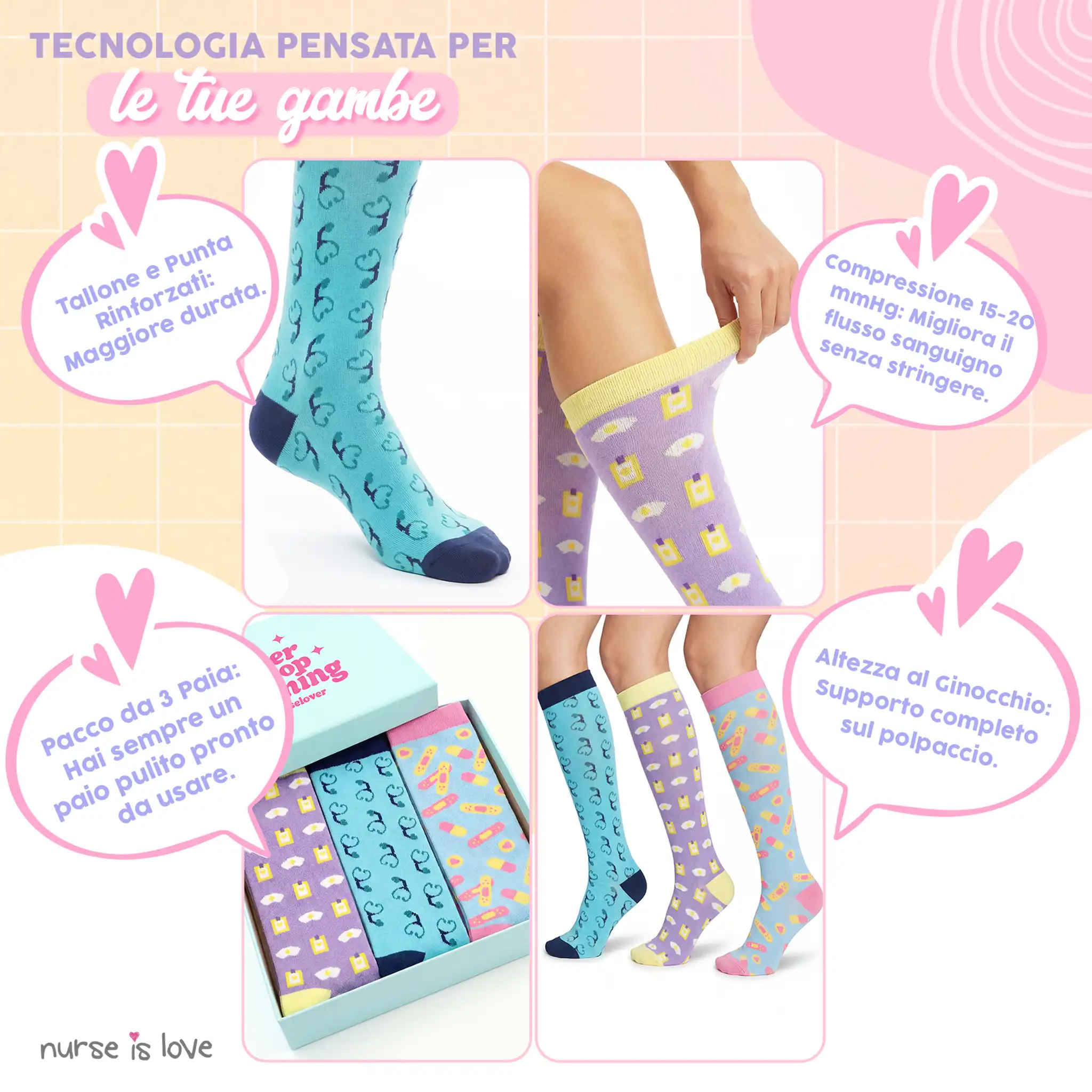 Set Calze a Compressione per Infermiere Motivi 1 (set da 3 pz.)