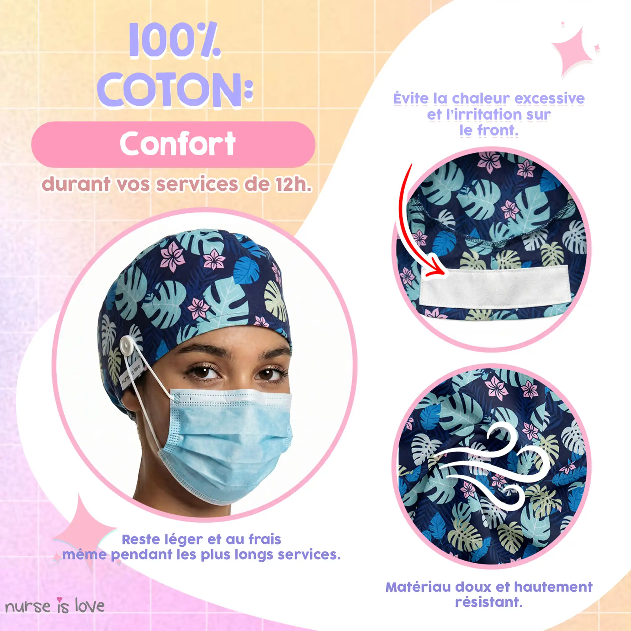 Calot feuilles bleu marine pour infirmières