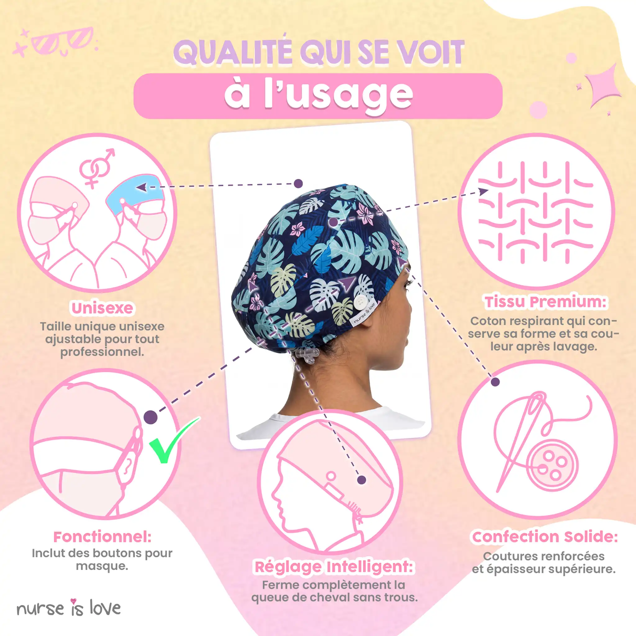 Calot feuilles bleu marine pour infirmières
