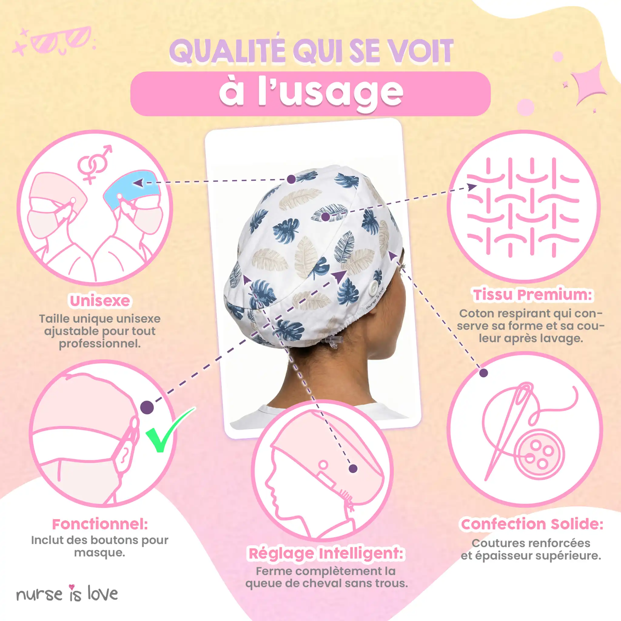 Calot feuilles perle pour infirmières