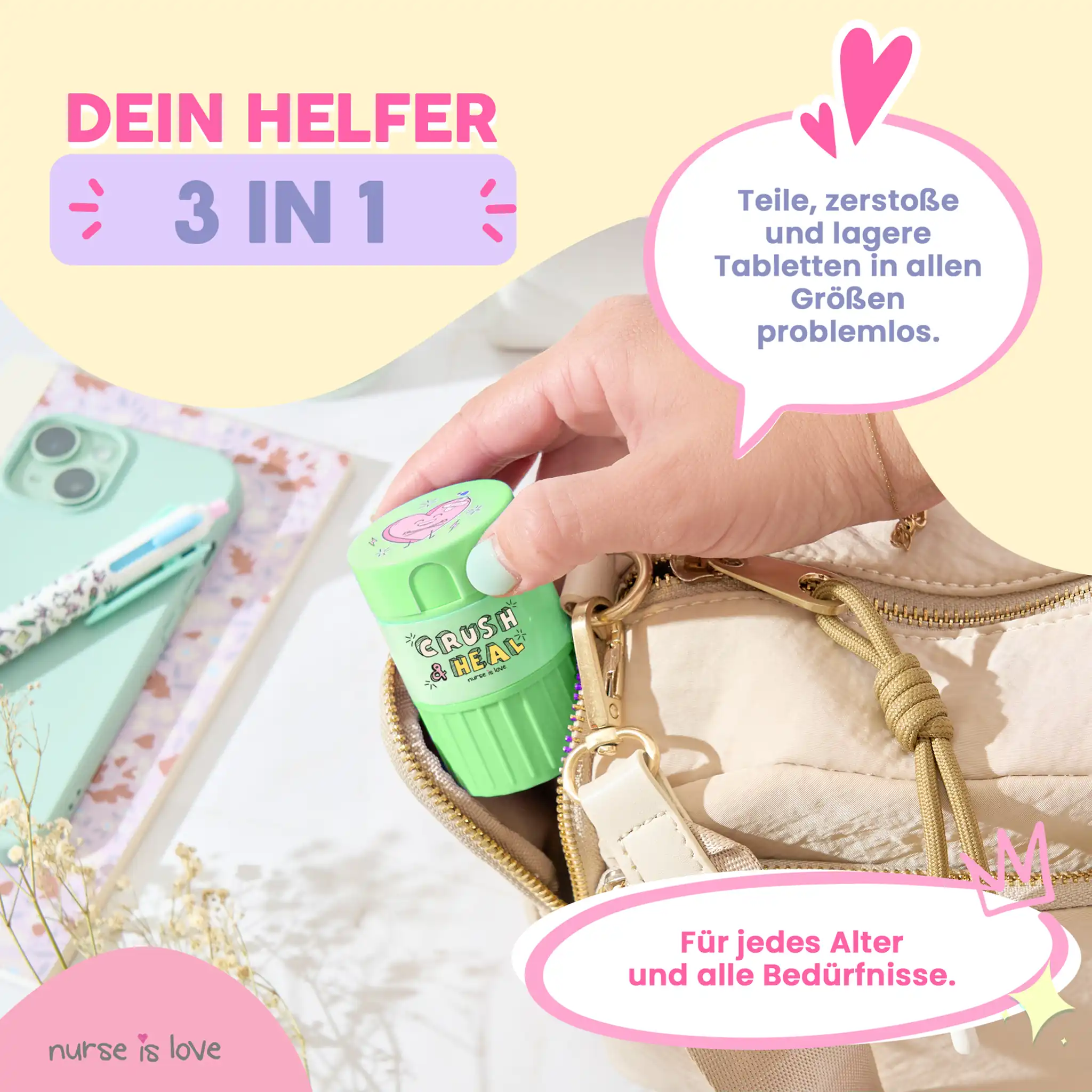 3 in 1 Tablettenbox mit Tablettenteiler und Mörser Grün