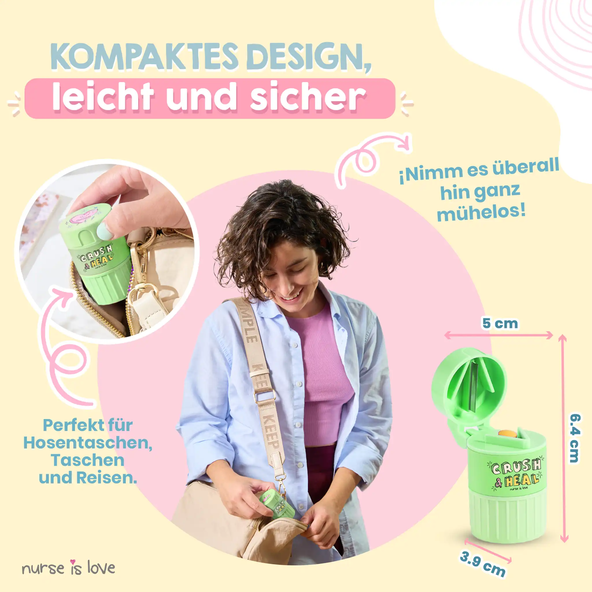 3 in 1 Tablettenbox mit Tablettenteiler und Mörser Grün