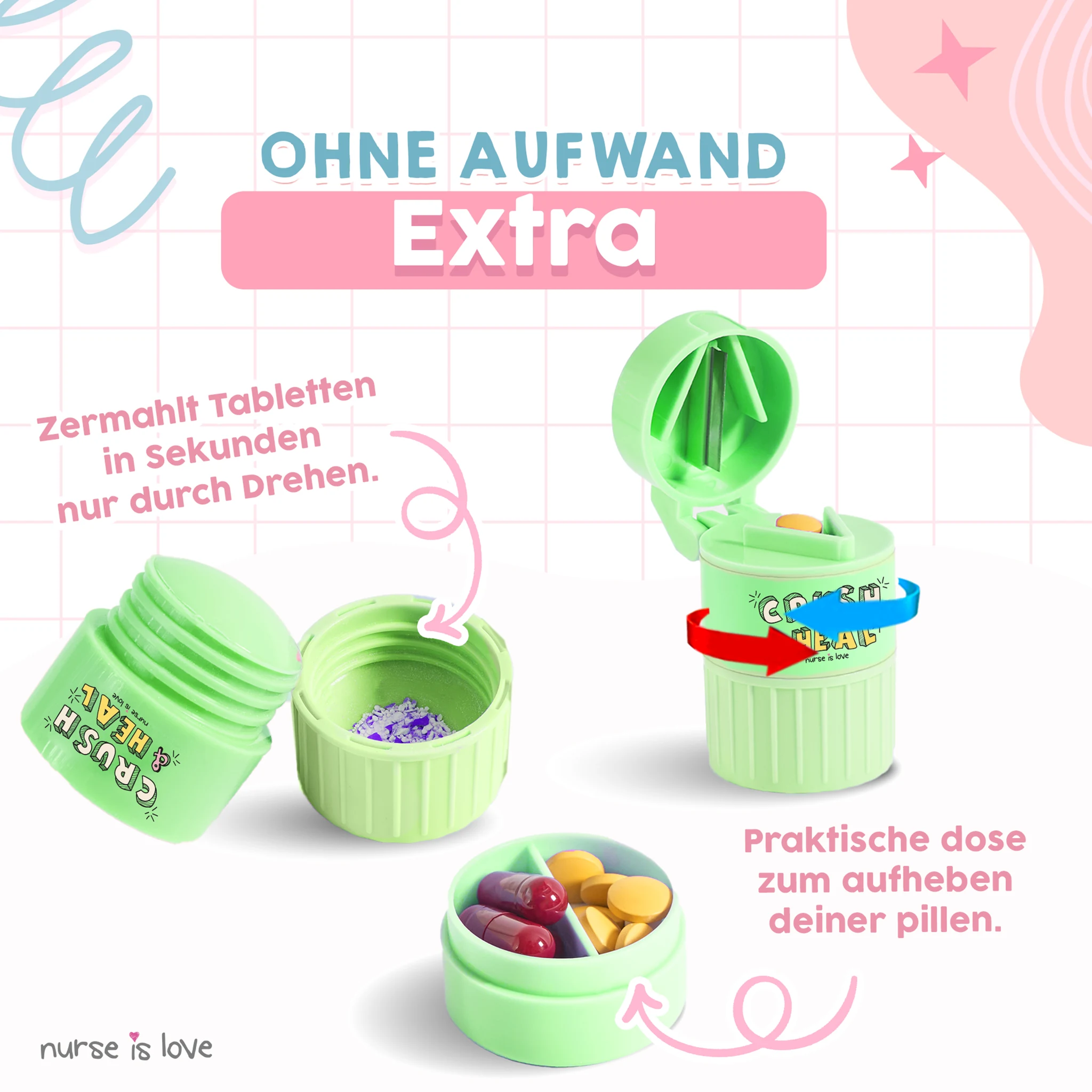 3 in 1 Tablettenbox mit Tablettenteiler und Mörser Grün