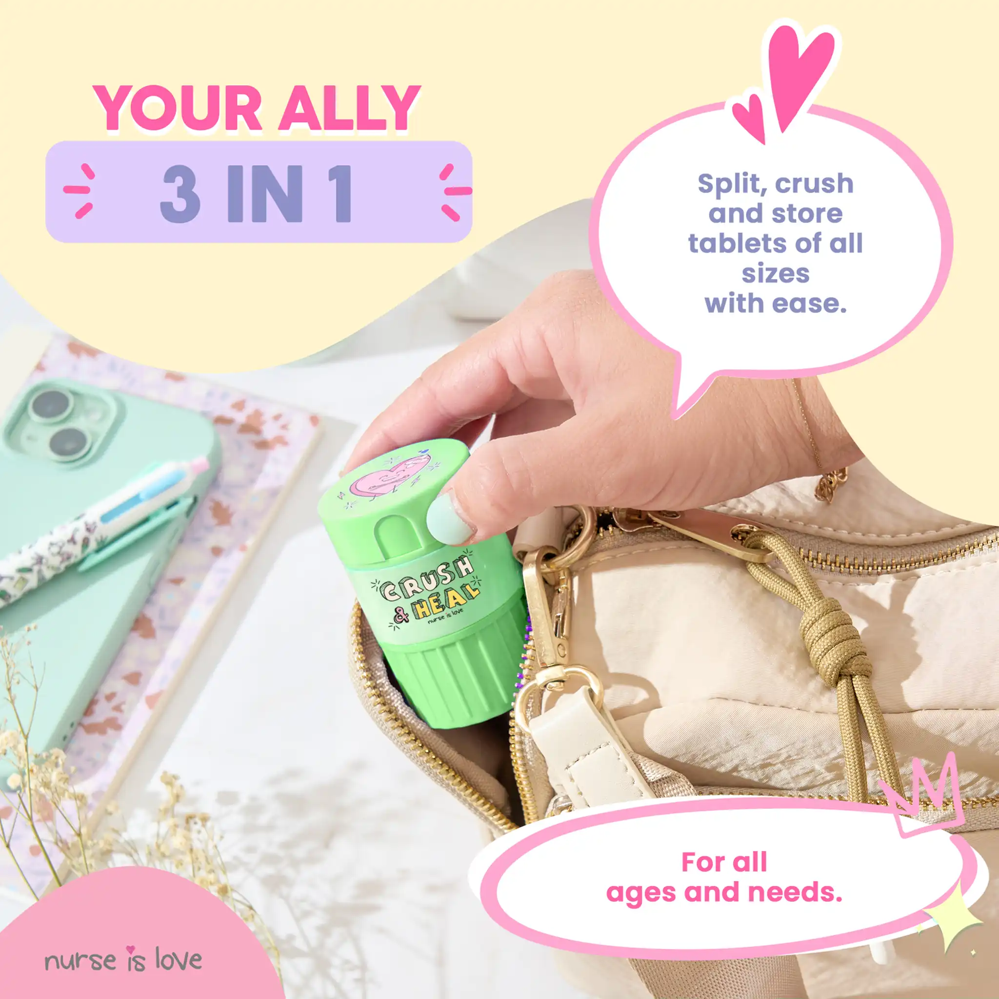 3-in-1 Pill Organizer, Crusher and Cutter (Green)