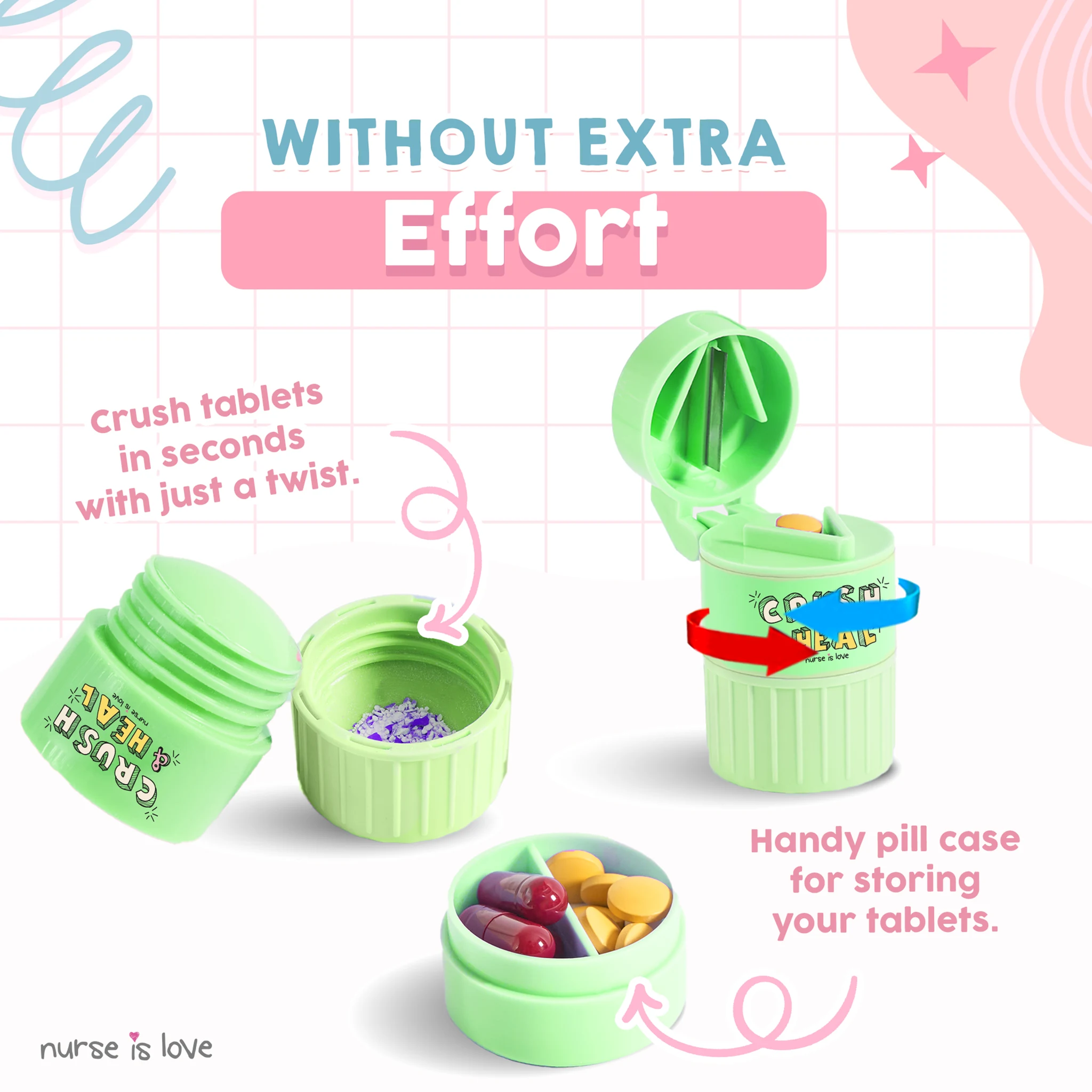 3-in-1 Pill Organizer, Crusher and Cutter (Green)