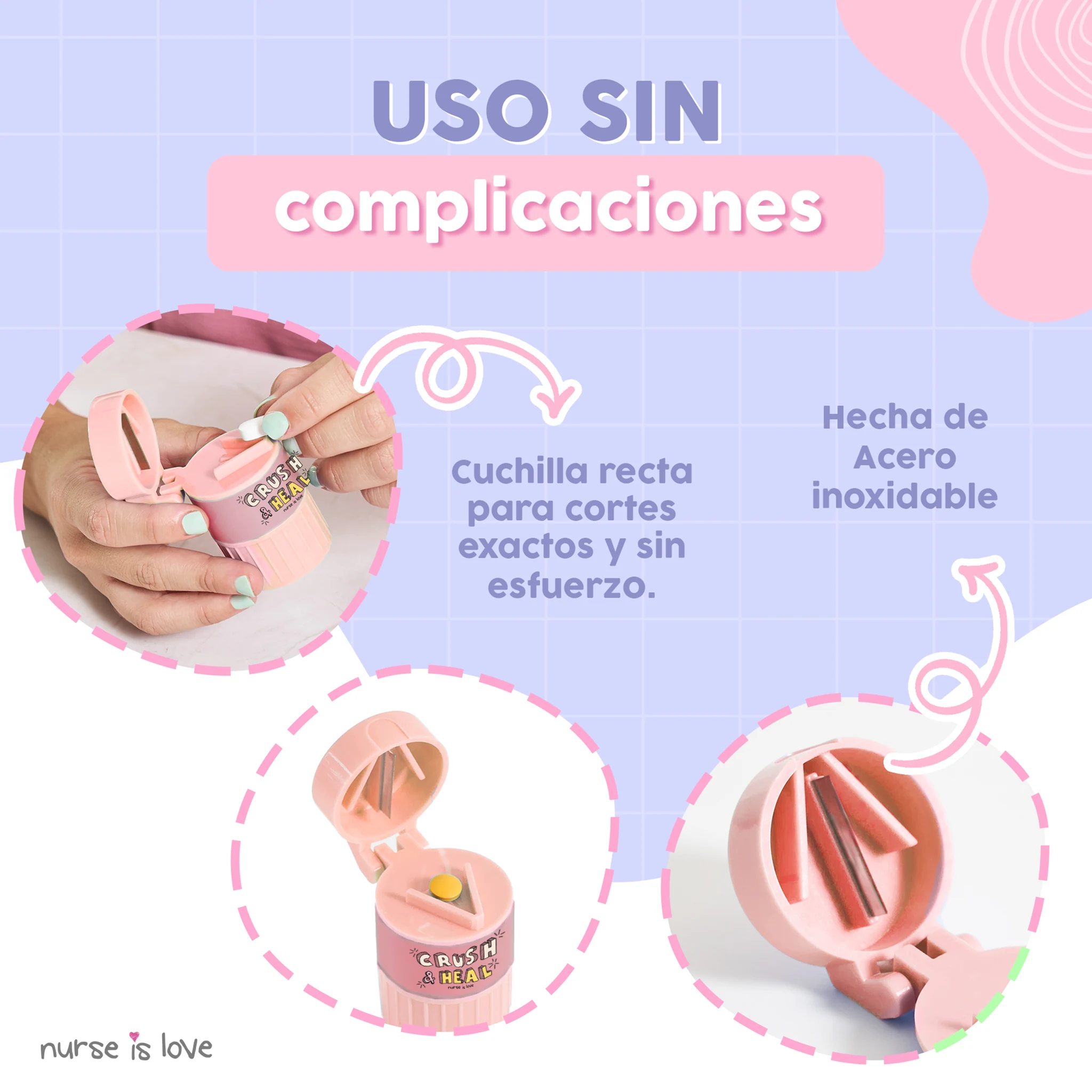 Pastillero, Triturador y Cortador de Pastillas 3 en 1 (Rosa)