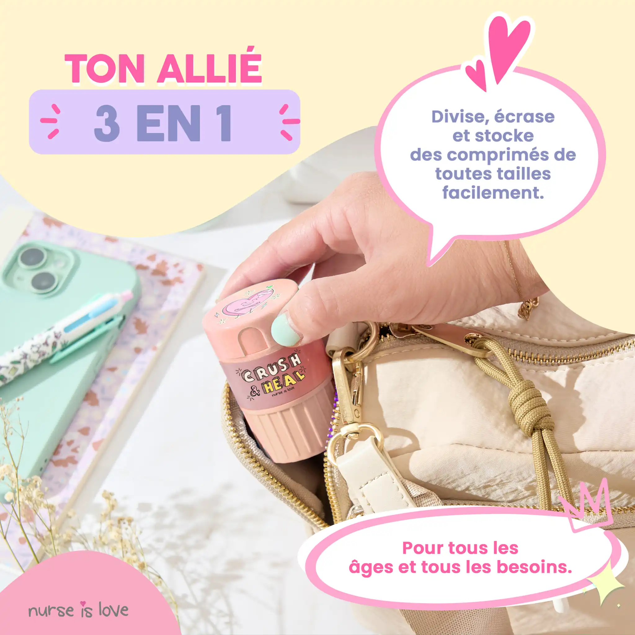 Pilulier, Broyeur et Coupe-comprimés 3 en 1 (Rose)