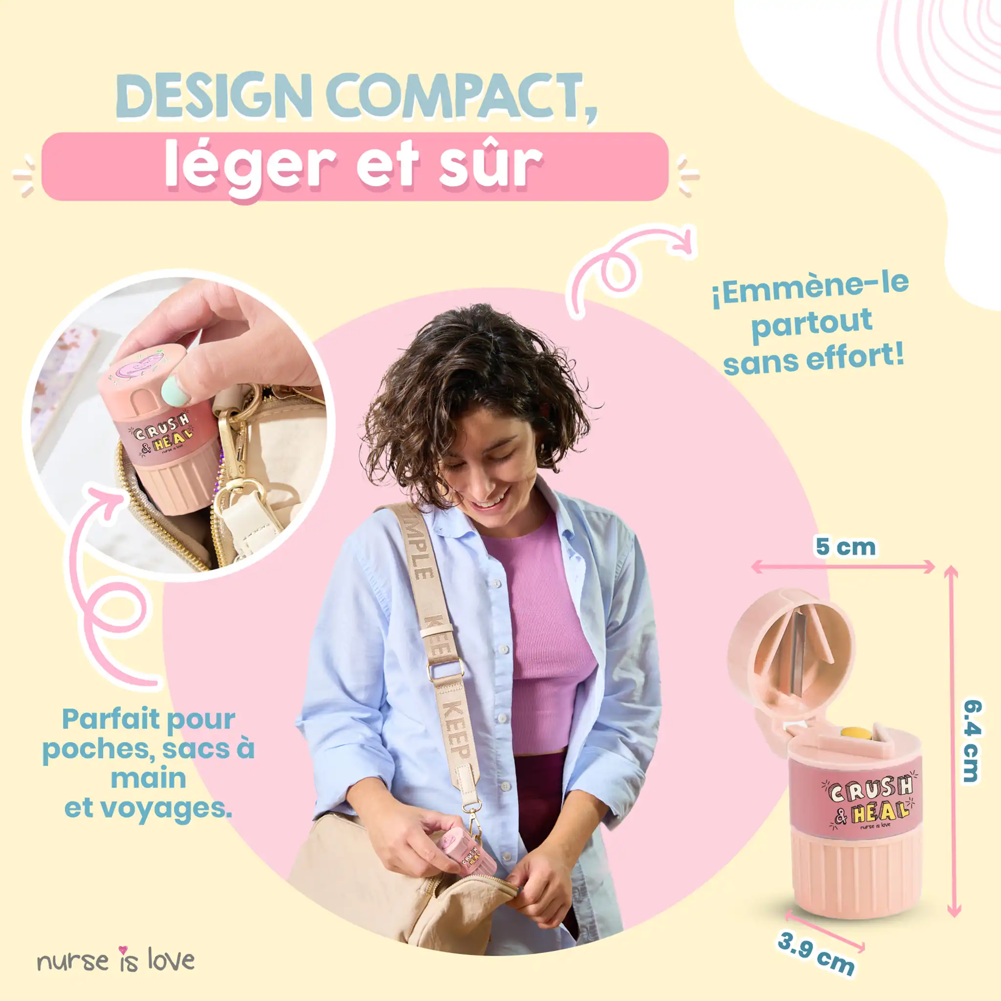 Pilulier, Broyeur et Coupe-comprimés 3 en 1 (Rose)
