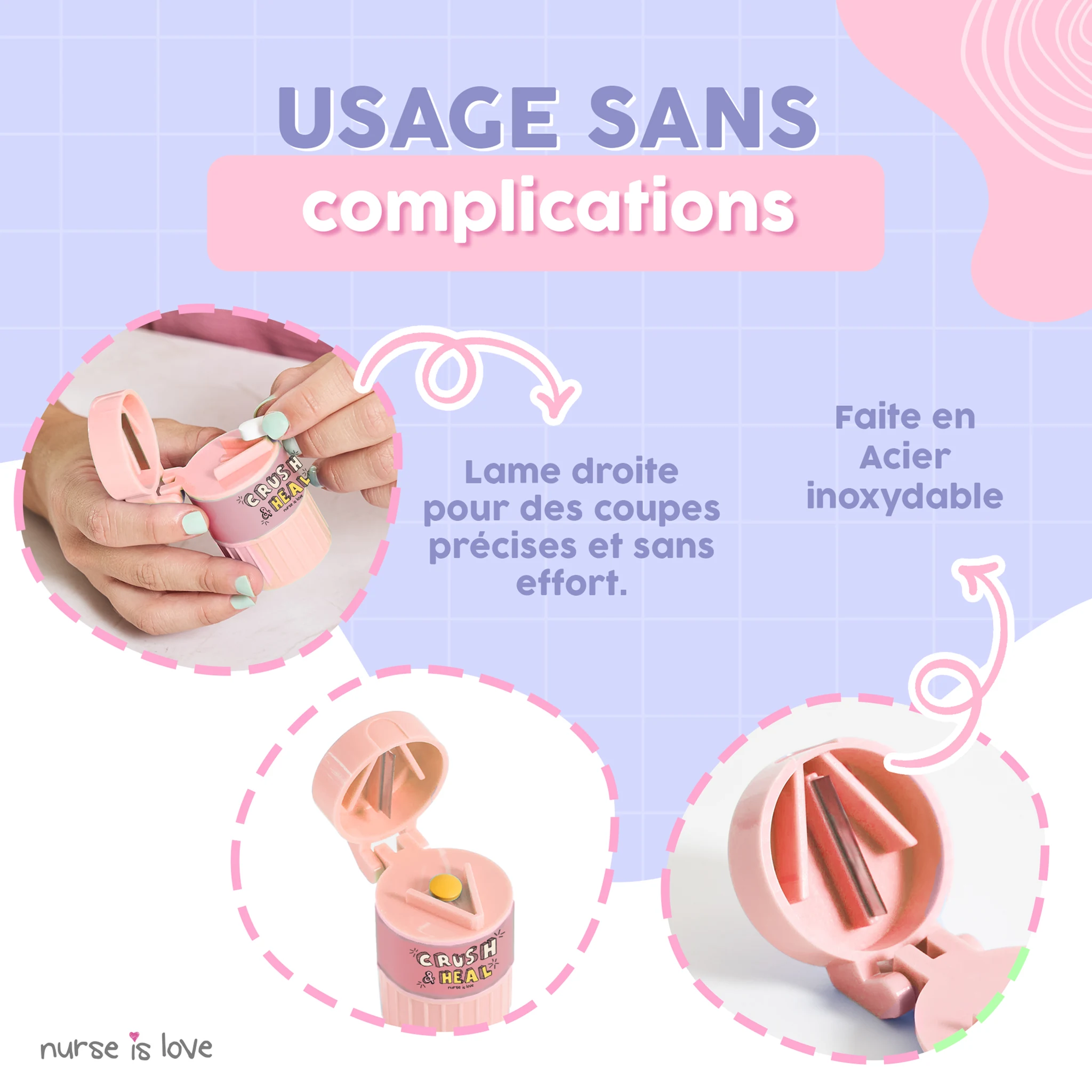 Pilulier, Broyeur et Coupe-comprimés 3 en 1 (Rose)