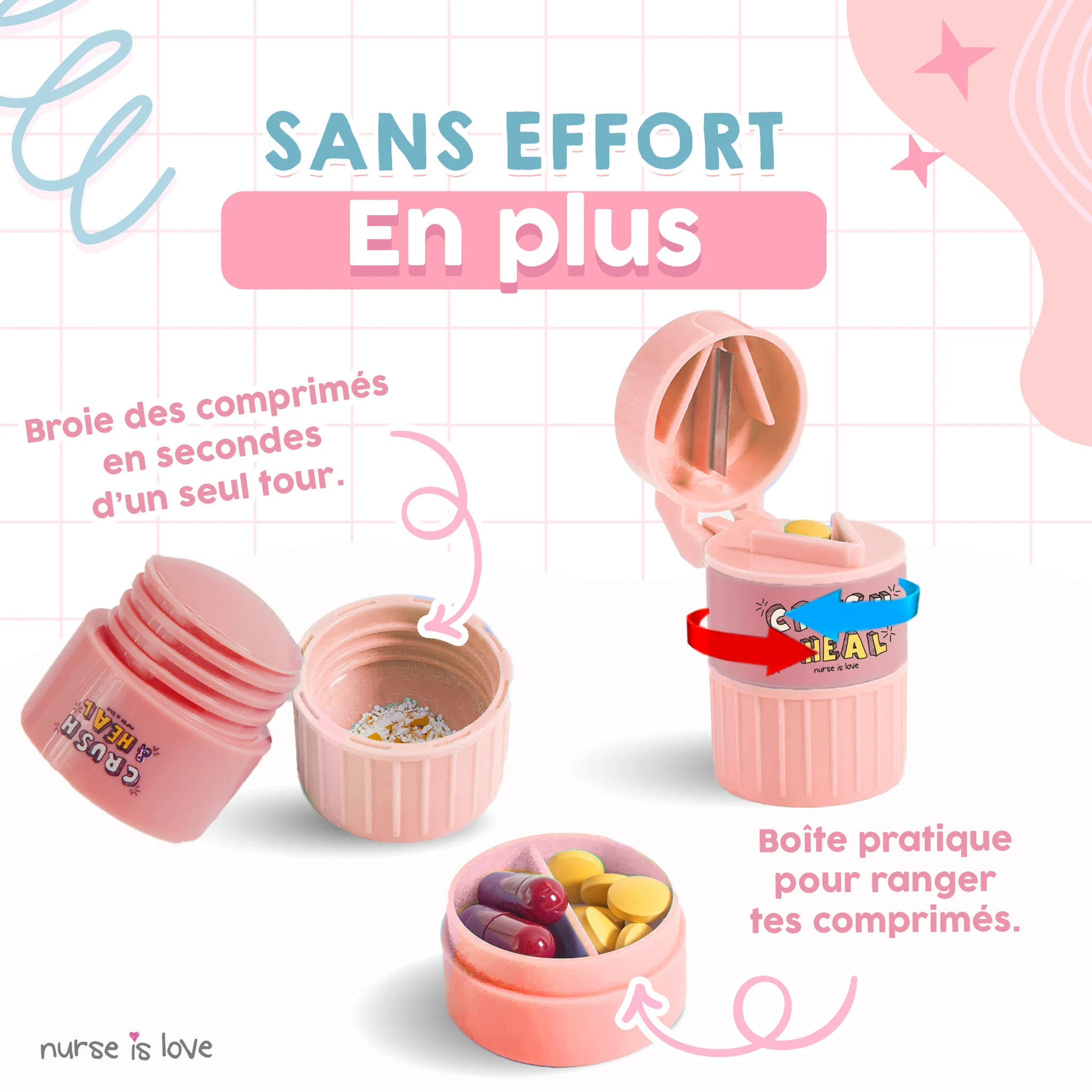 Pilulier, Broyeur et Coupe-comprimés 3 en 1 (Rose)