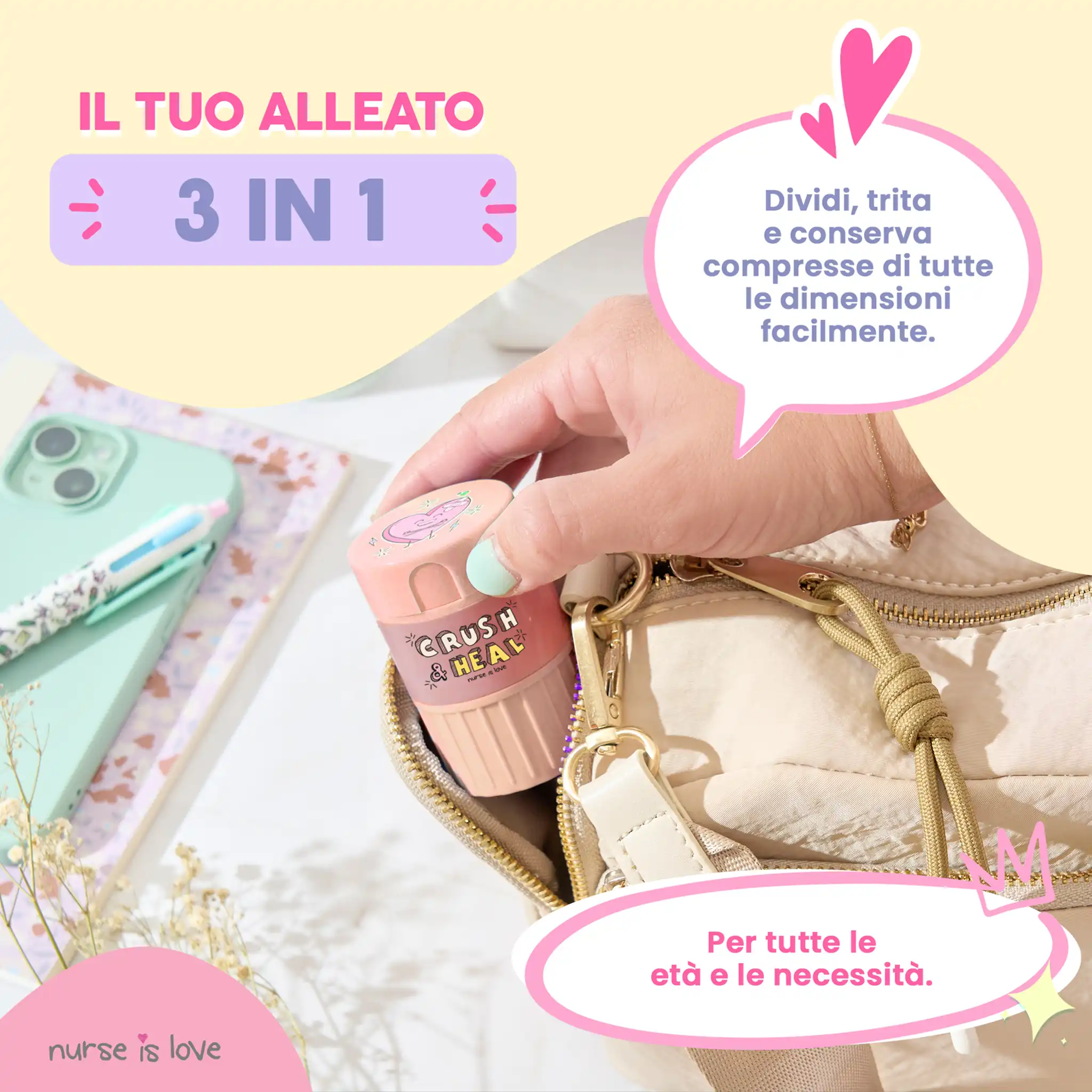 Pill Box, Trituratore e Cutter 3 in 1 Rosa