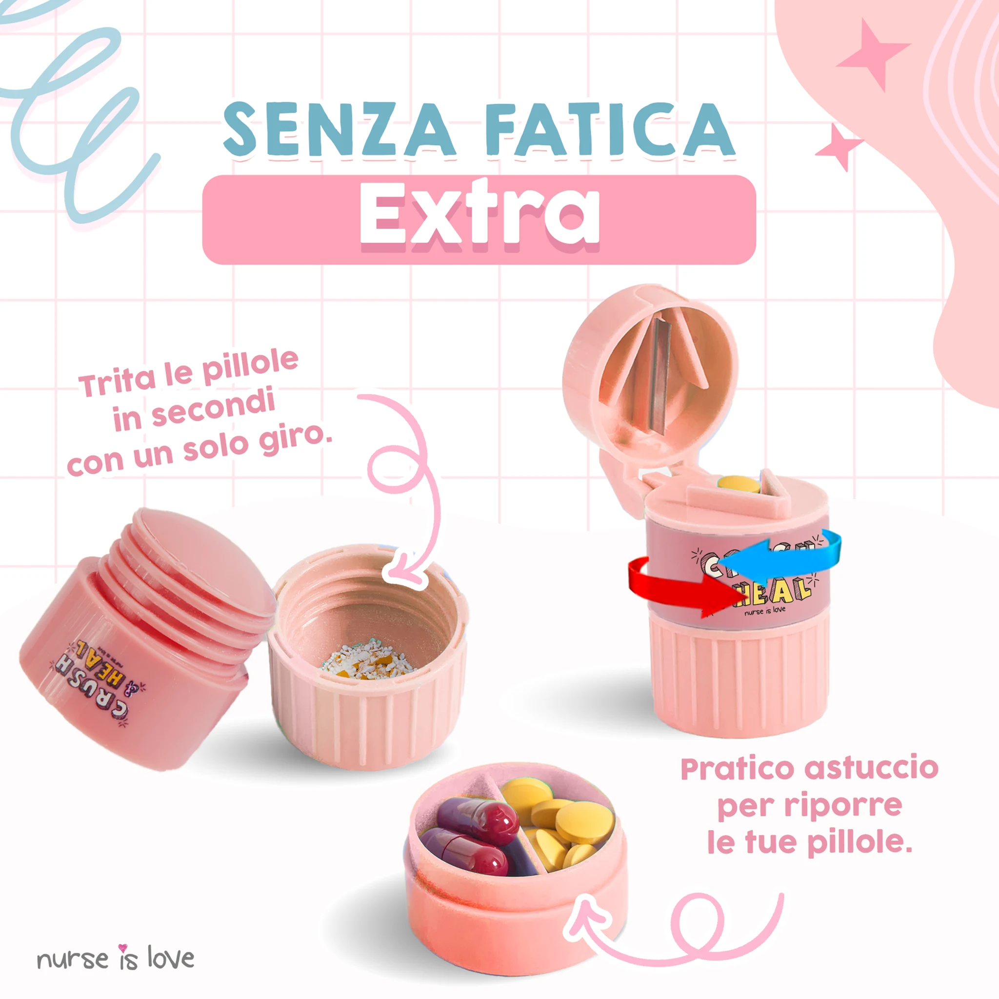 Pill Box, Trituratore e Cutter 3 in 1 Rosa