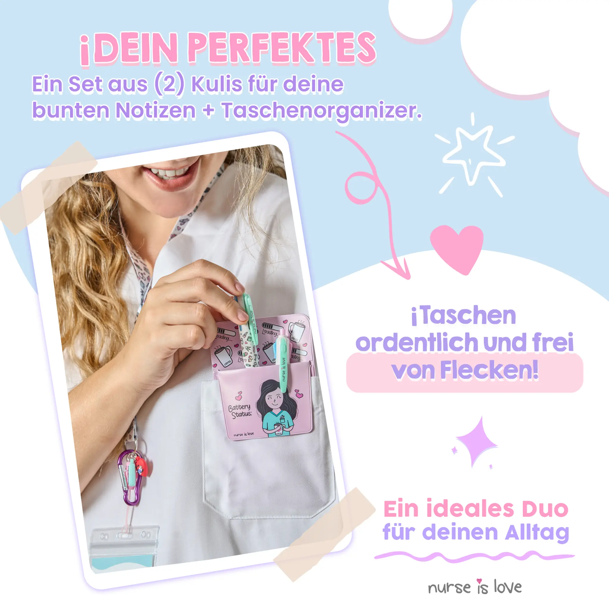 Set mit 2 mehrfarbigen Stiften + rosa Taschenschutz