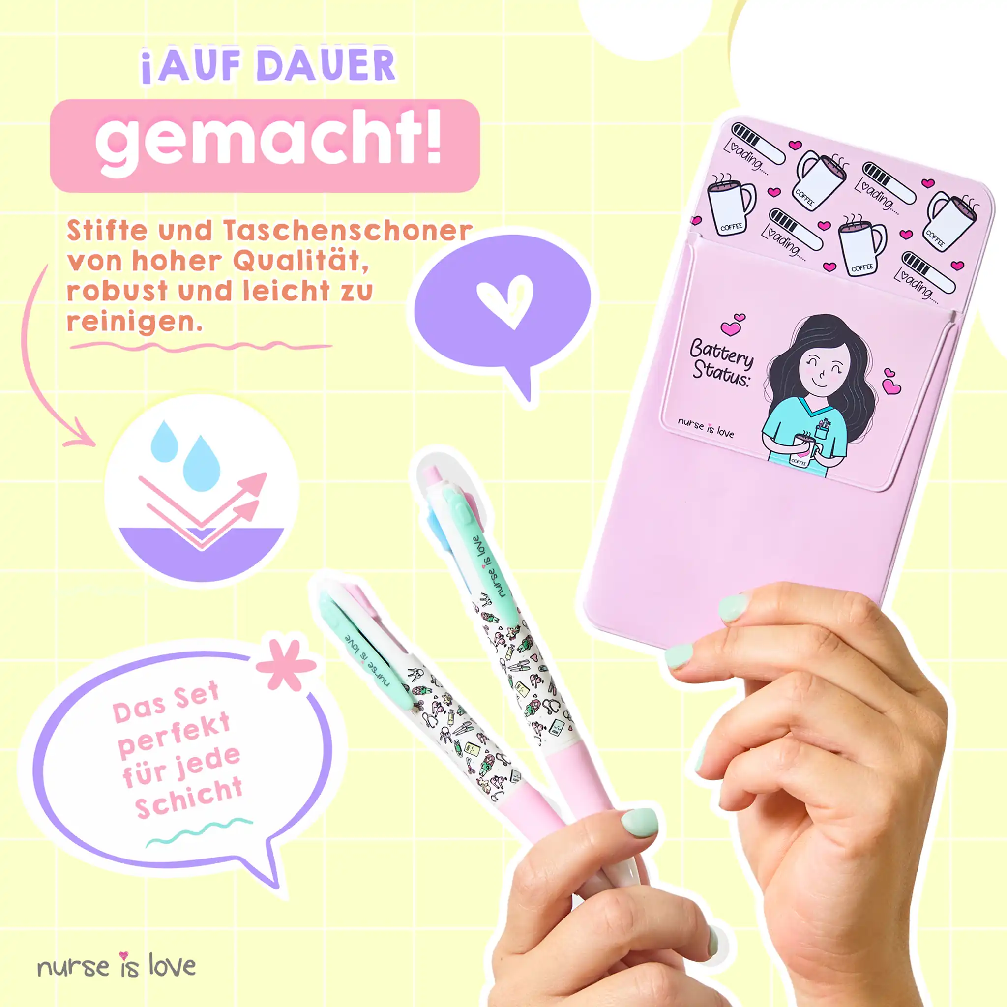 Set mit 2 mehrfarbigen Stiften + rosa Taschenschutz