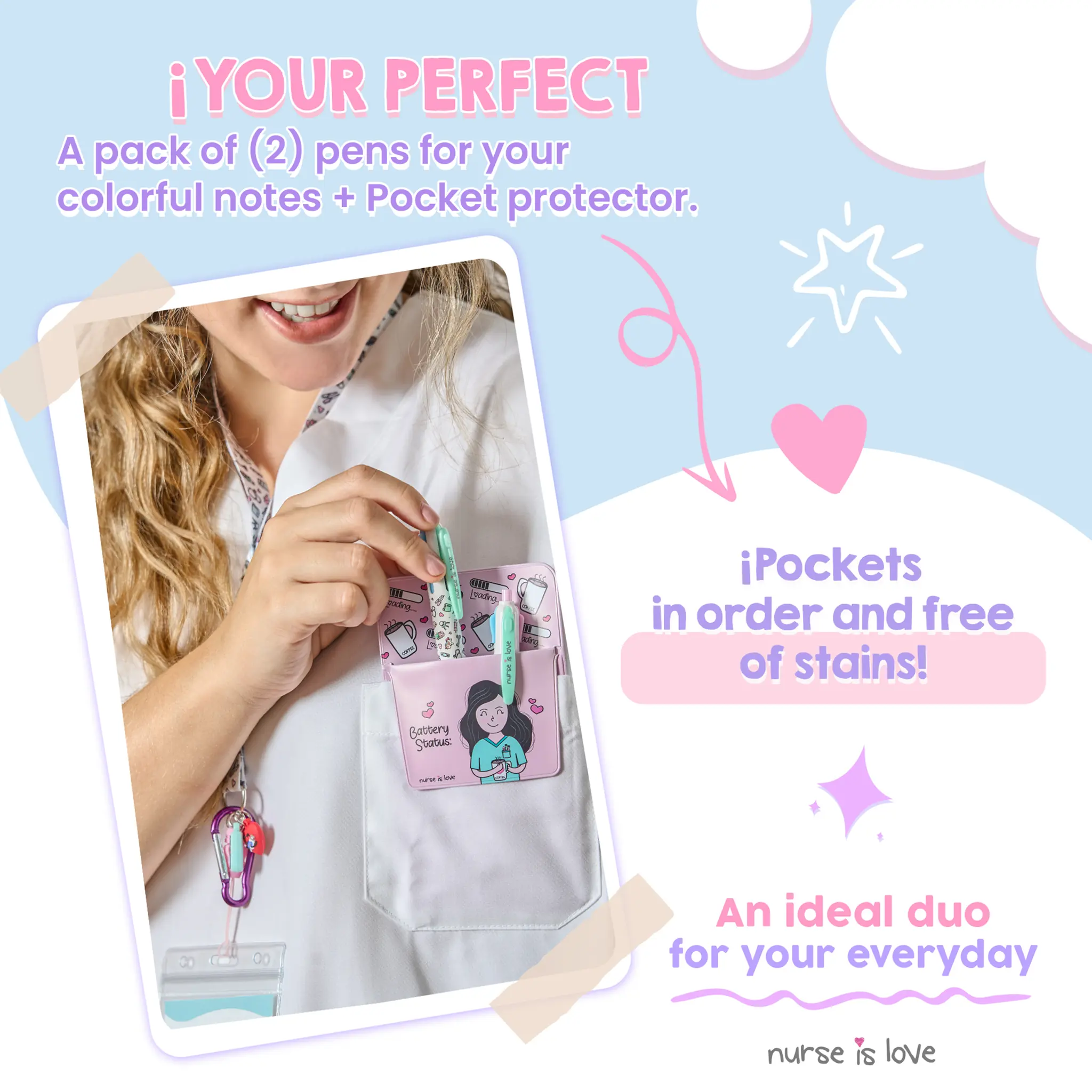 Set of 2 Multicolor Pens + Pink Pocket Protector