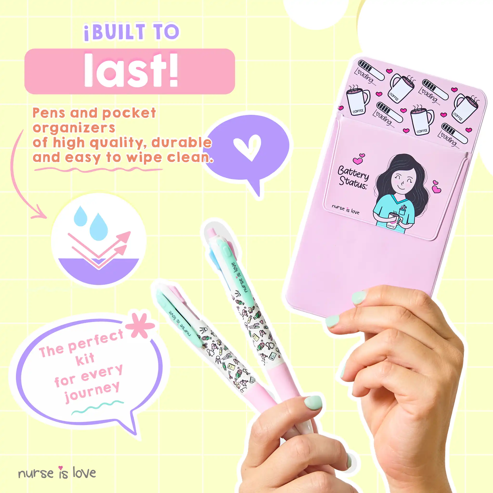 Set of 2 Multicolor Pens + Pink Pocket Protector