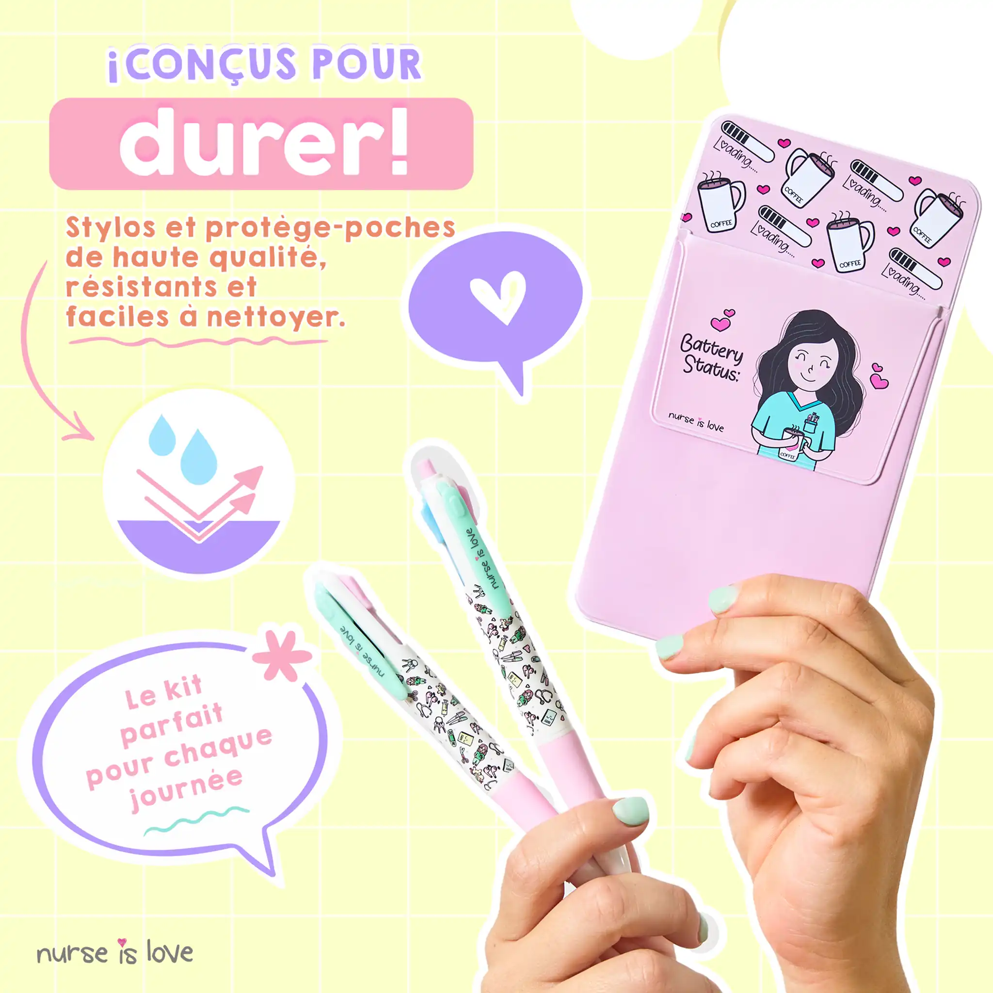 Set de 2 Stylos Multicolores + Protège-poche Rose