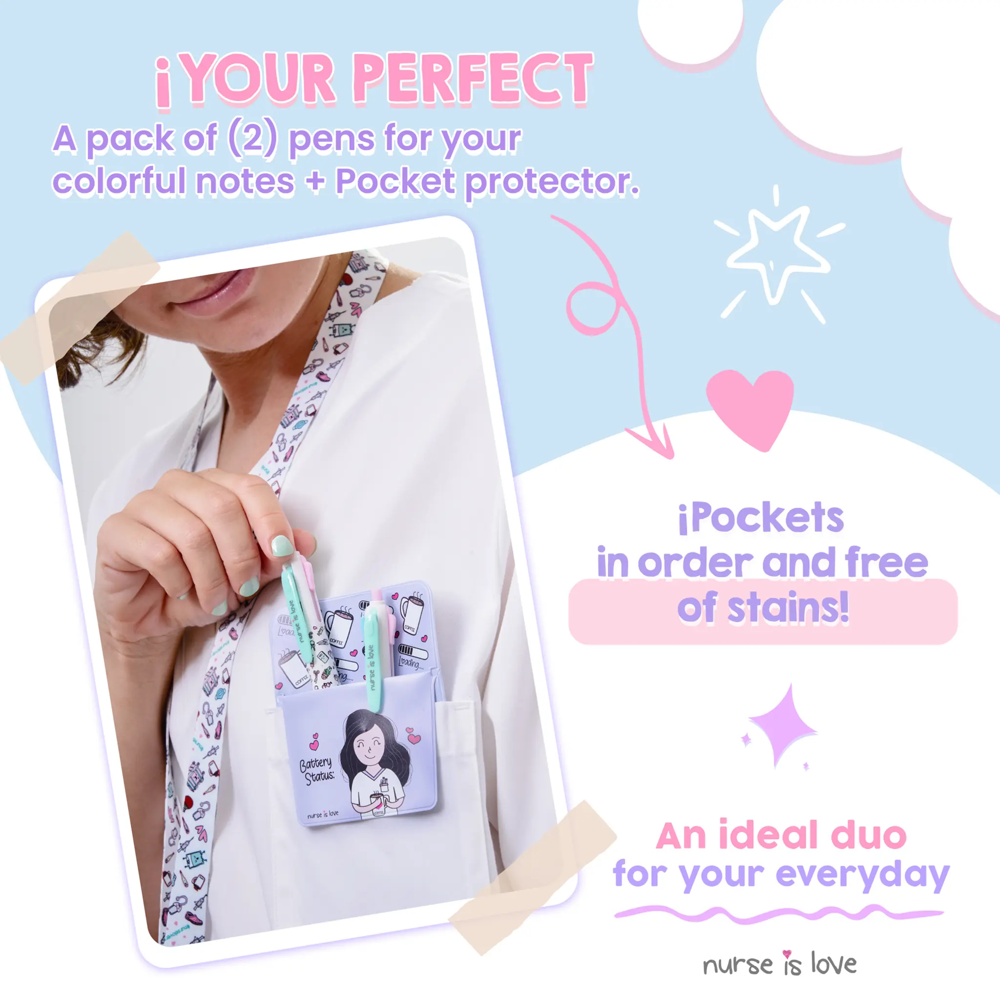 Set of 2 Multicolor Pens + Purple Pocket Protector