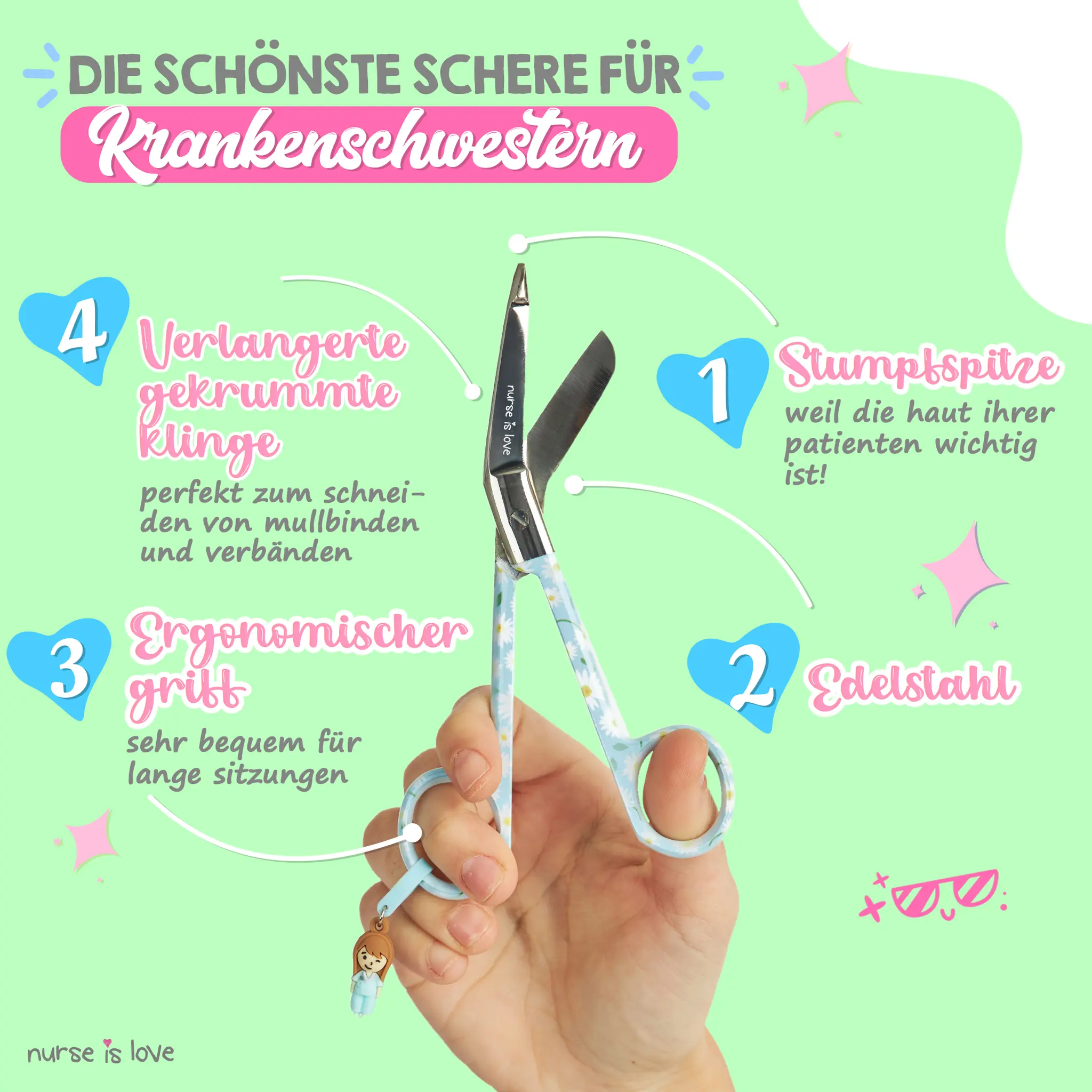 Pflegeschere Entenschnabel Margariten auf blauem Hintergrund
