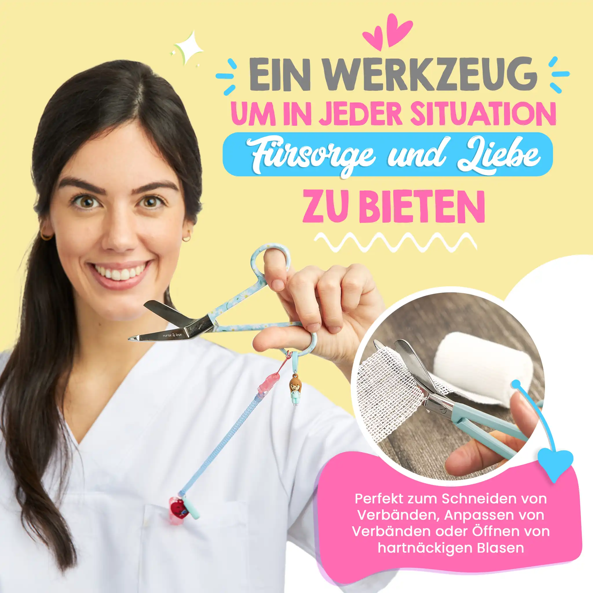 Pflegeschere Entenschnabel Margariten auf blauem Hintergrund