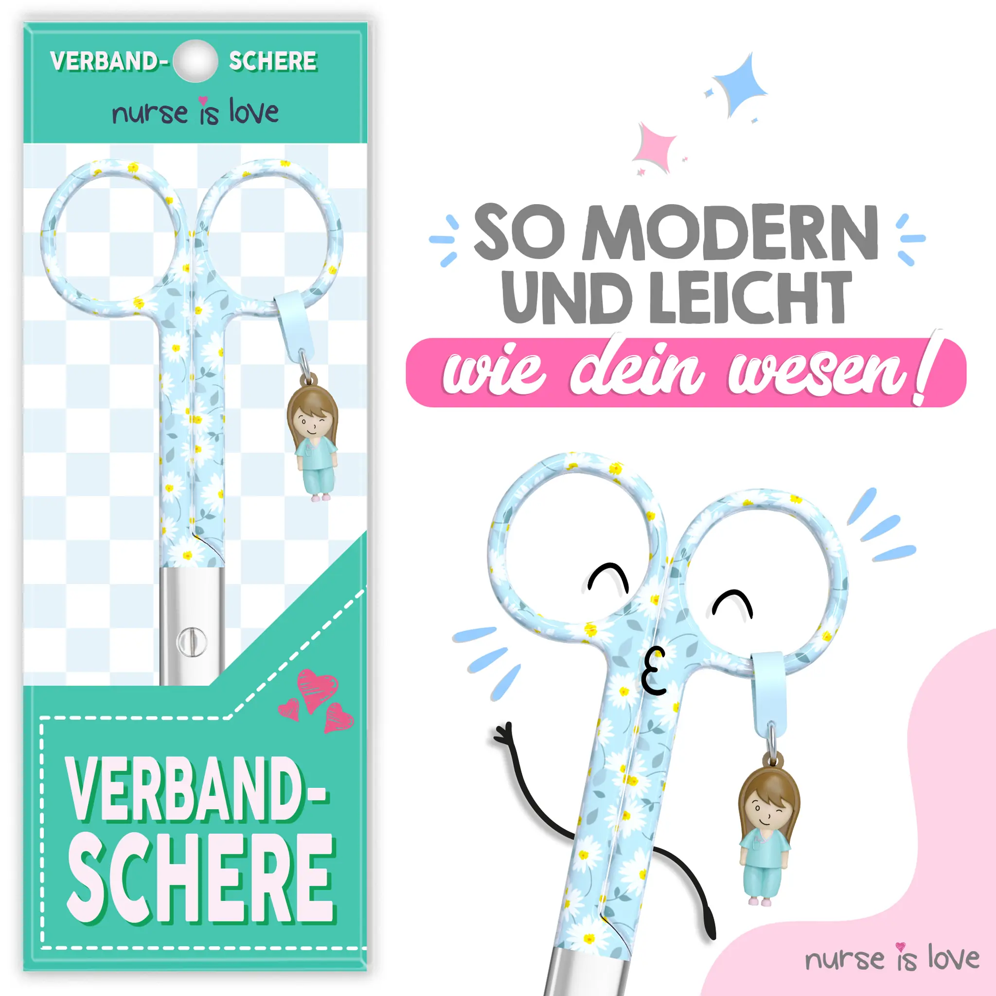 Pflegeschere Entenschnabel Margariten auf blauem Hintergrund