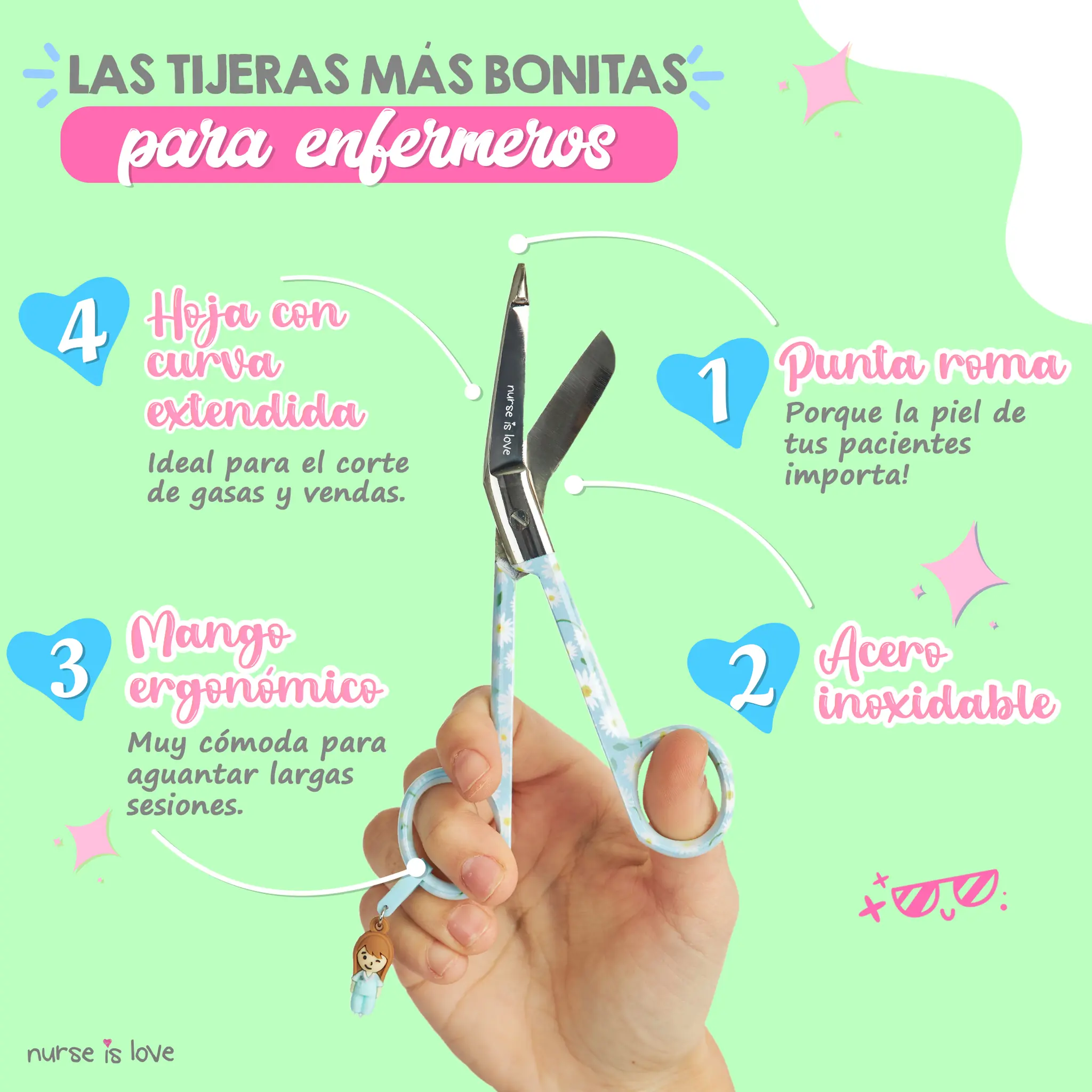 Tijeras Enfermería Pico de Pato margaritas fondo azul