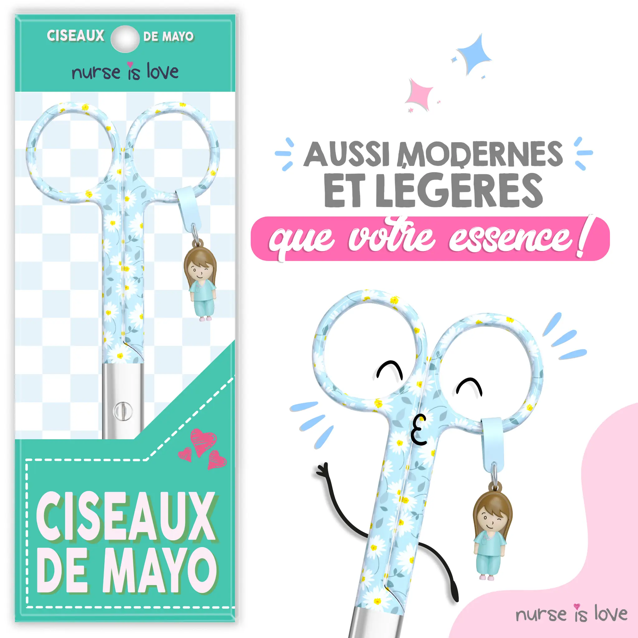 Ciseaux d’Infirmier à Bec de Canard Marguerites fond bleu
