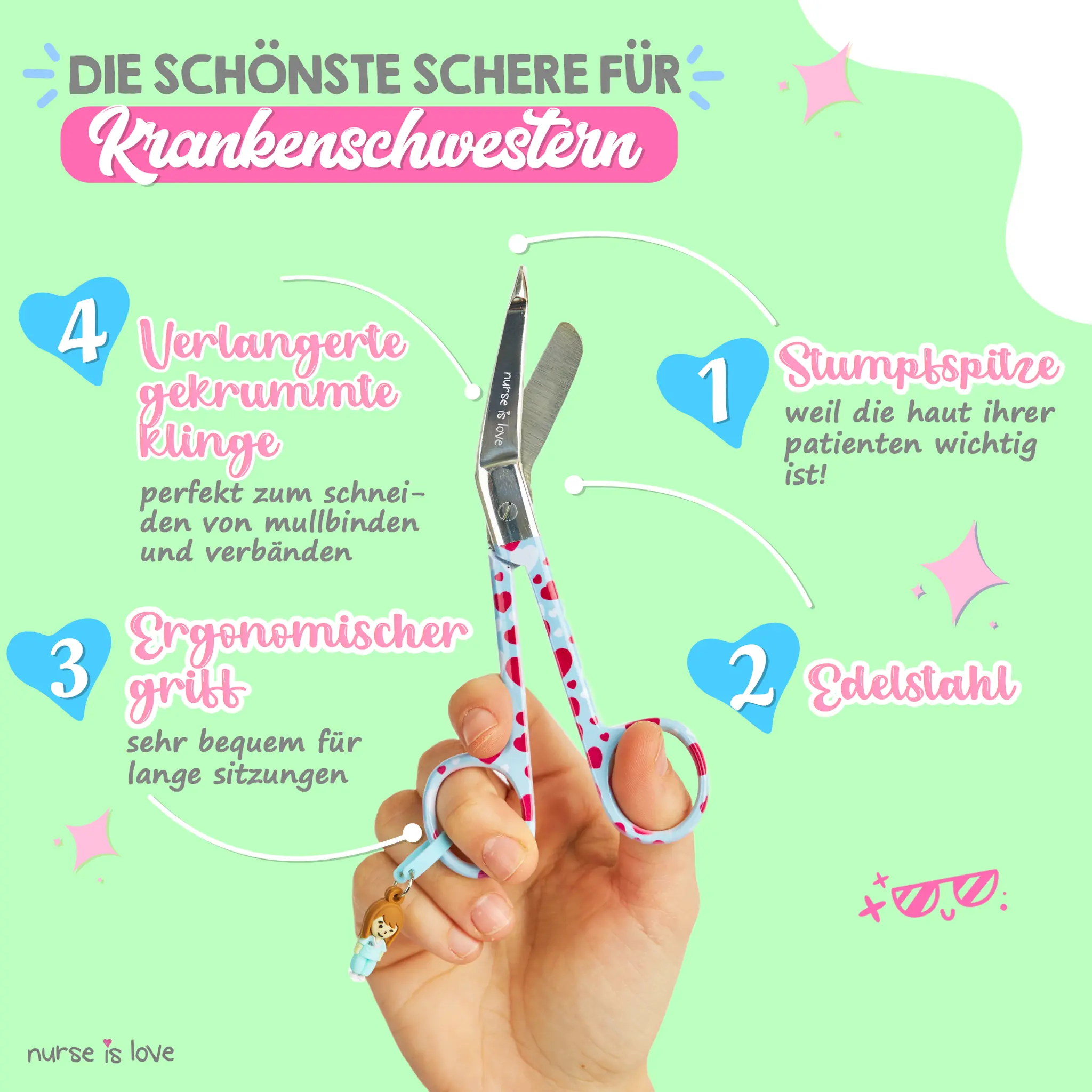 Pflegeschere mit Entenschnabel und Herzen auf blauem Hintergrund