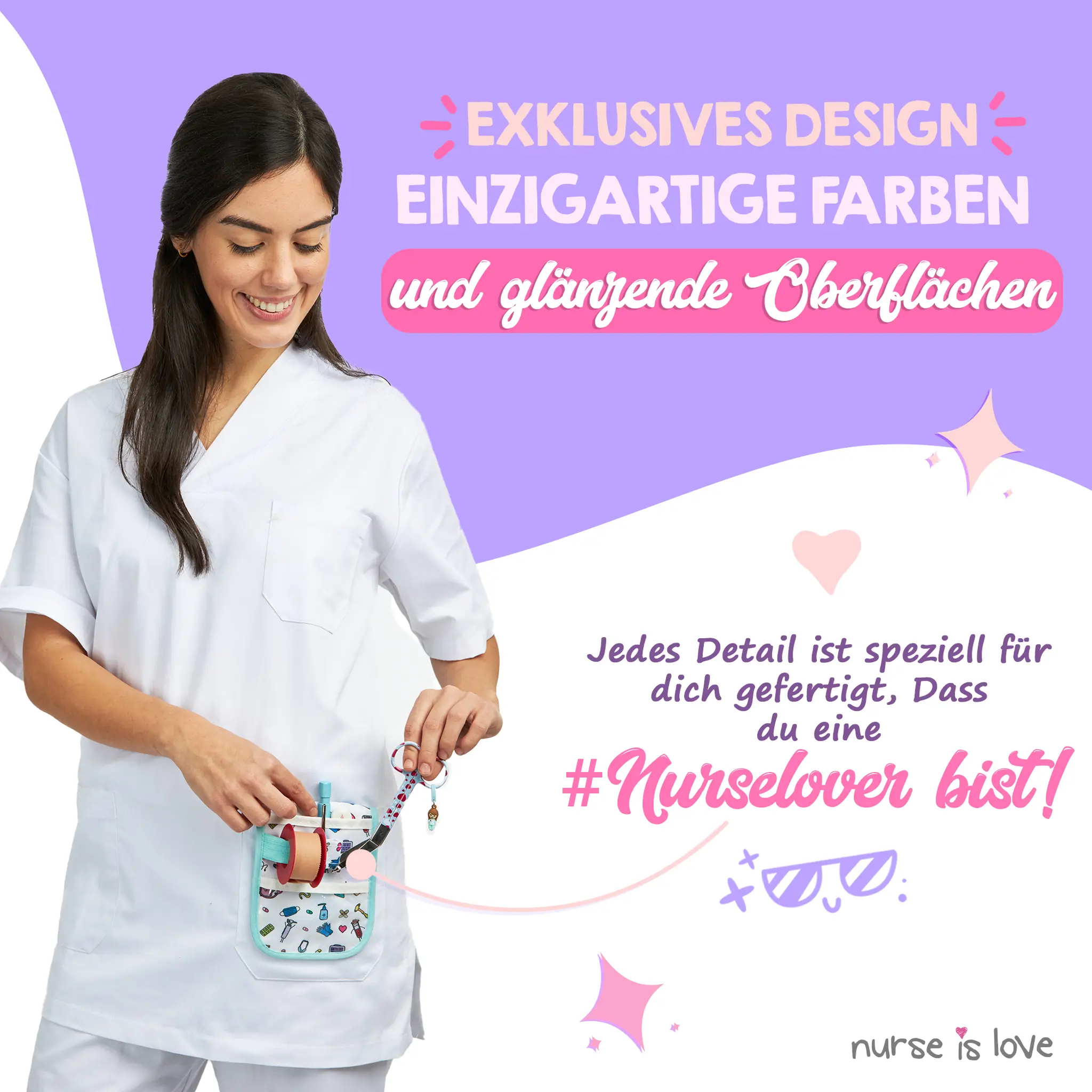 Pflegeschere mit Entenschnabel und Herzen auf blauem Hintergrund