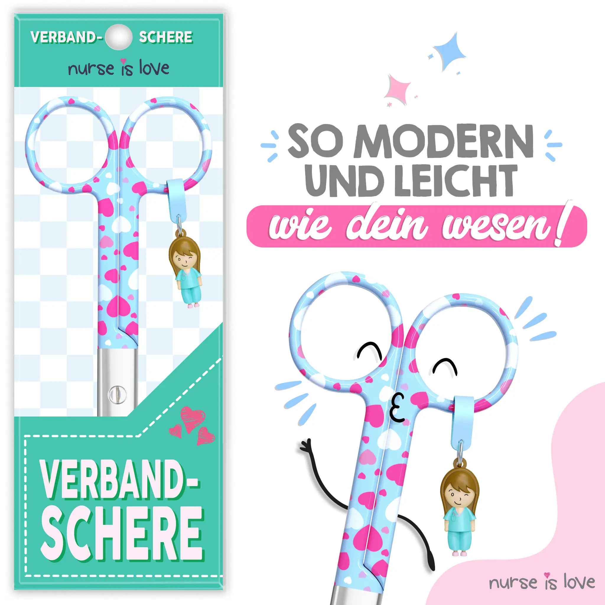 Pflegeschere mit Entenschnabel und Herzen auf blauem Hintergrund