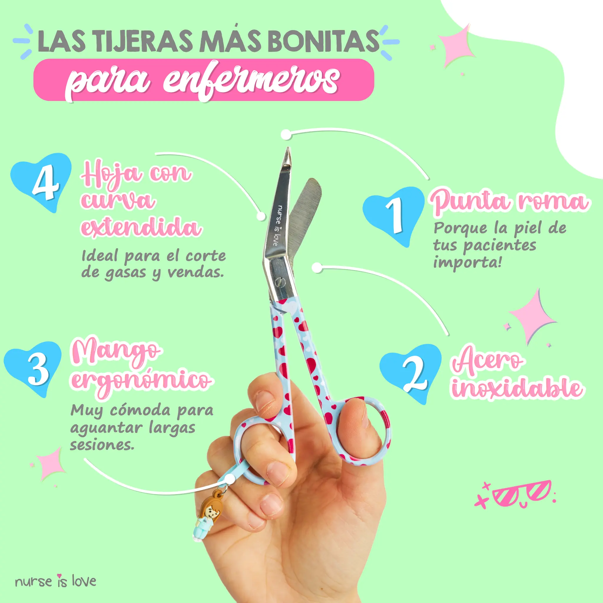 Tijeras Enfermería Pico de Pato corazones fondo azul