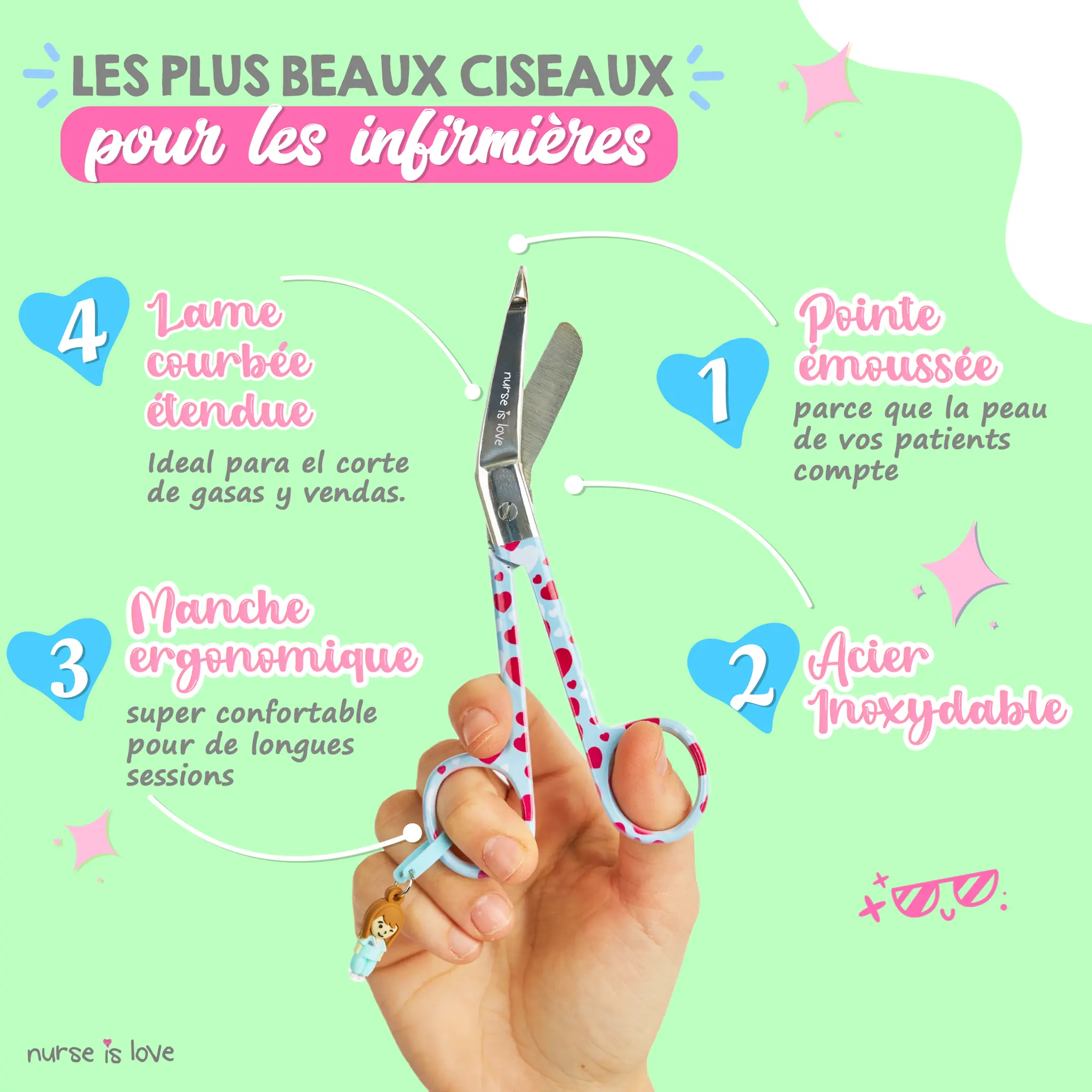 Ciseaux d’Infirmier à Bec de Canard Cœurs fond bleu
