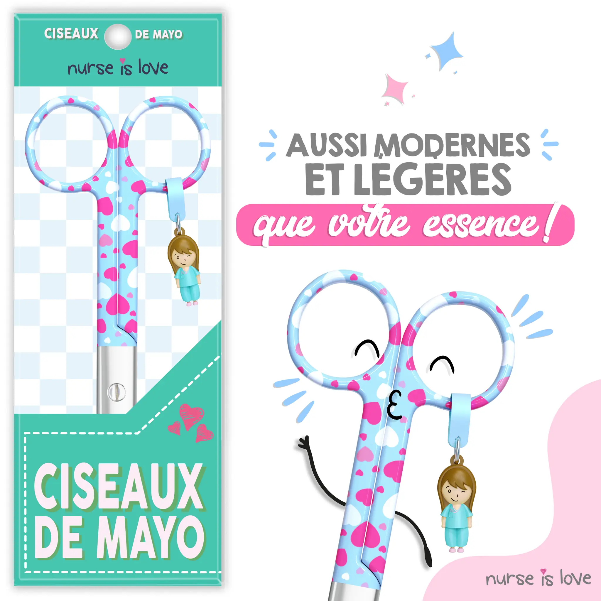 Ciseaux d’Infirmier à Bec de Canard Cœurs fond bleu
