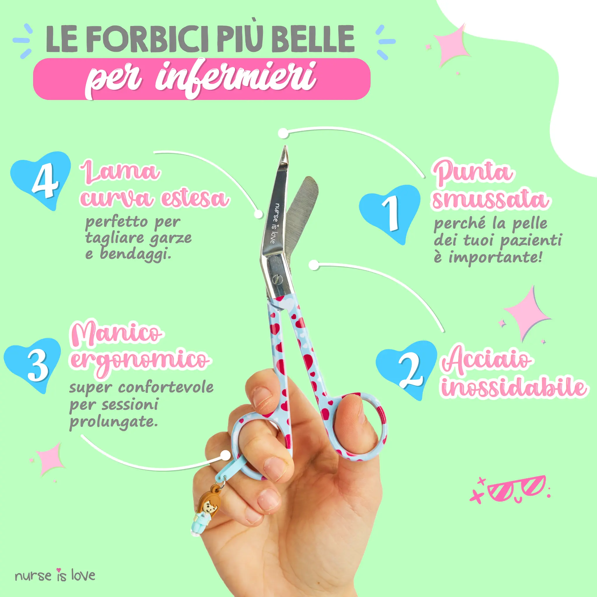 Forbici Infermieristiche Pico di Pato Cuori Fondo Blu