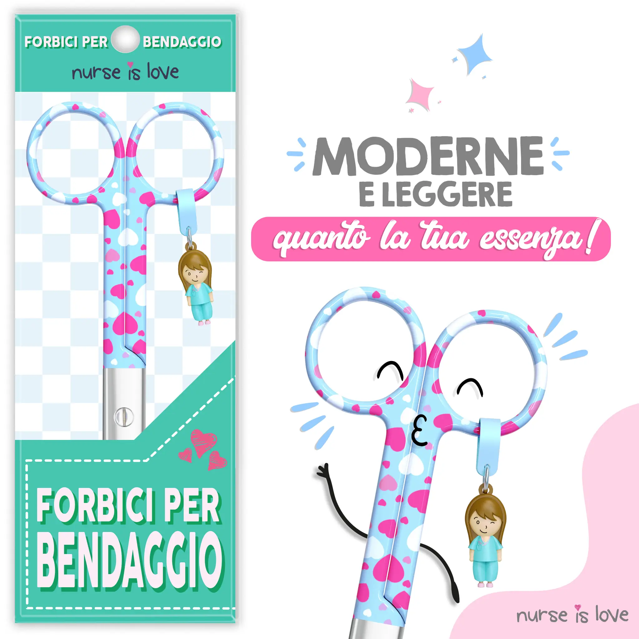 Forbici Infermieristiche Pico di Pato Cuori Fondo Blu