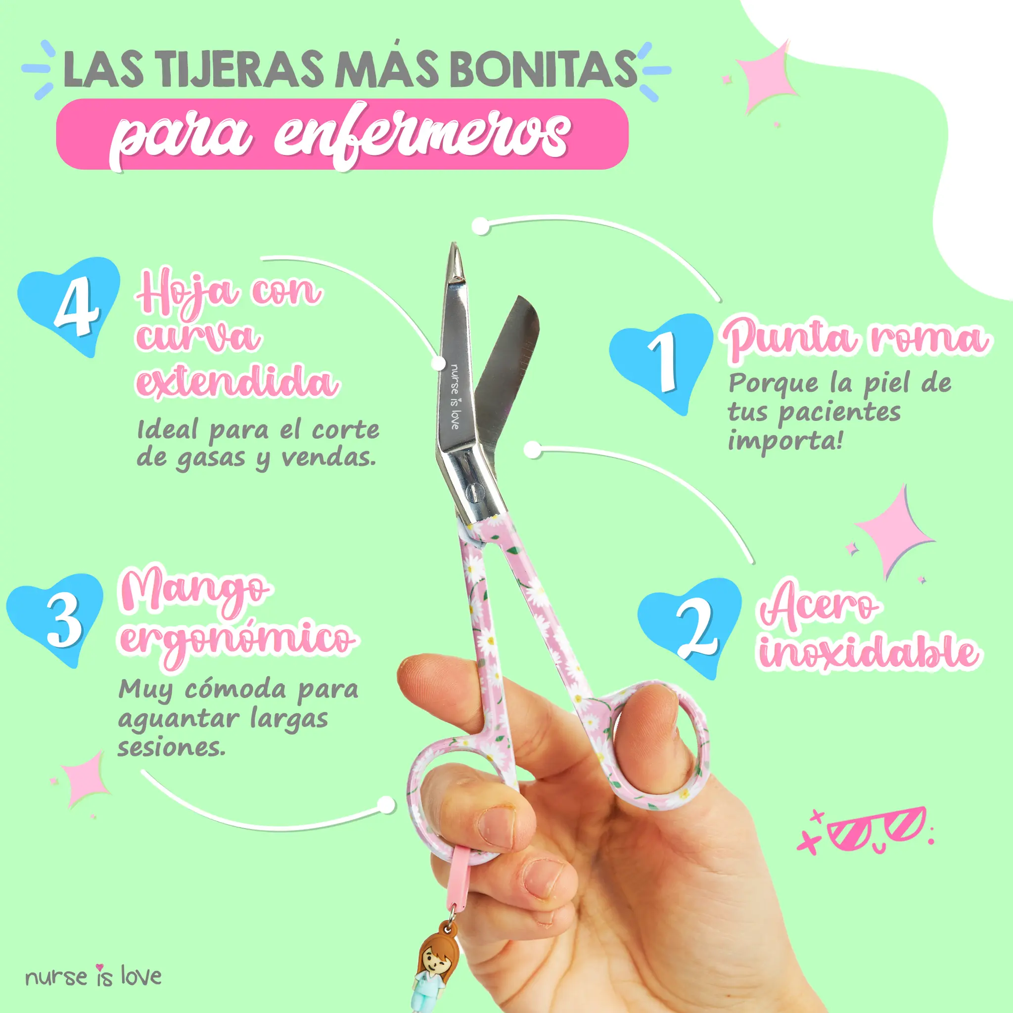 Tijeras Enfermería Pico de Pato margaritas fondo rosa