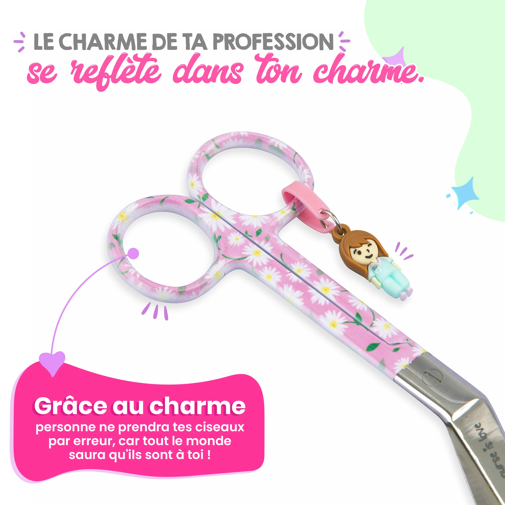 Ciseaux d’Infirmier à Bec de Canard Marguerites fond rose
