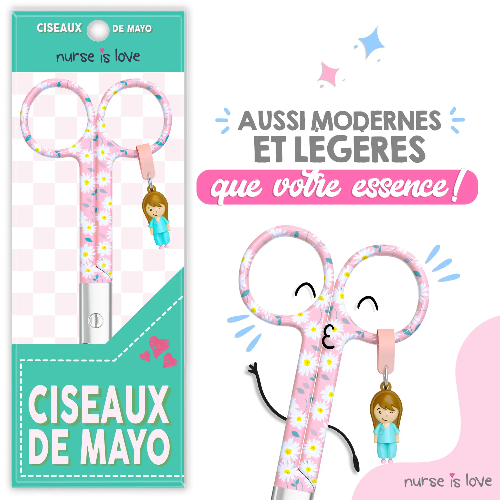 Ciseaux d’Infirmier à Bec de Canard Marguerites fond rose
