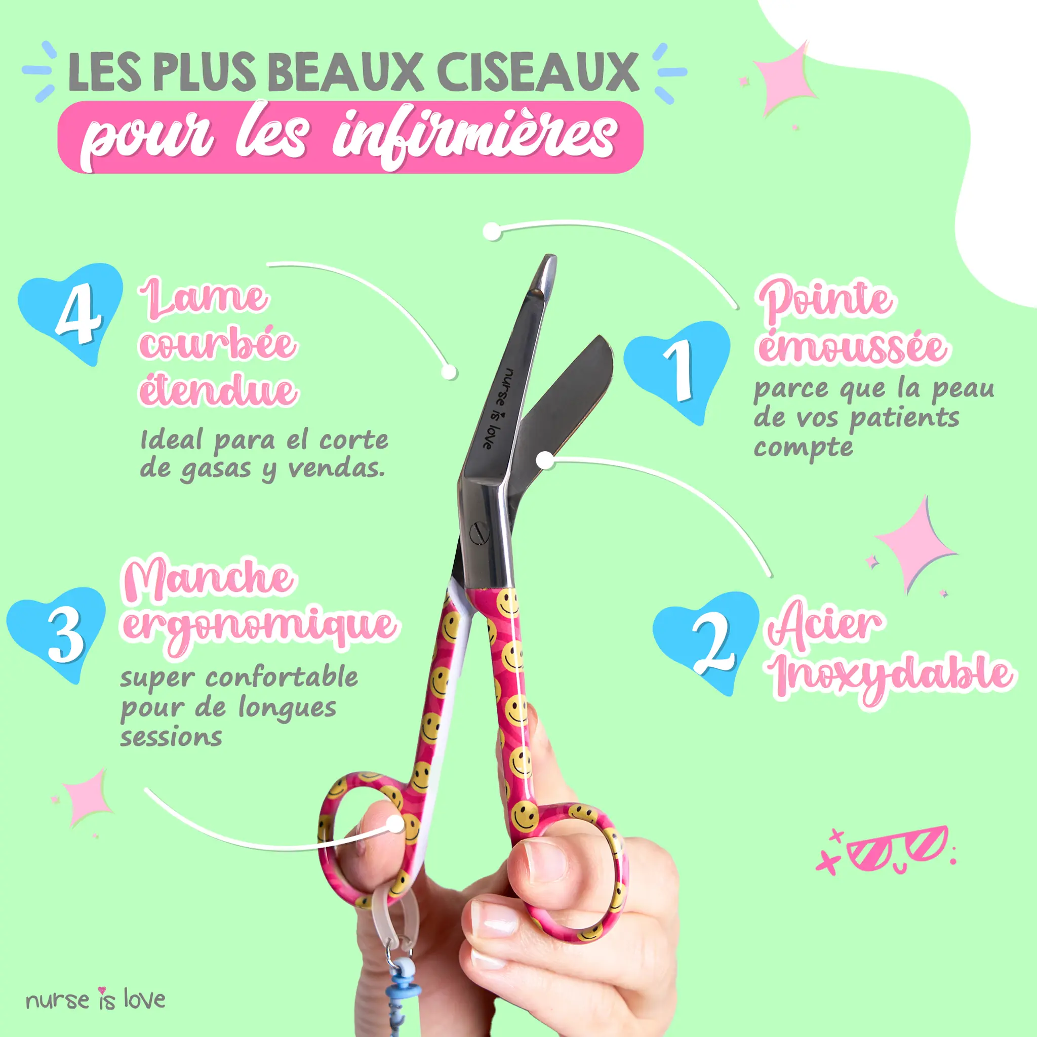 Ciseaux Infirmiers Bec de Canard Visage Sourire Rose
