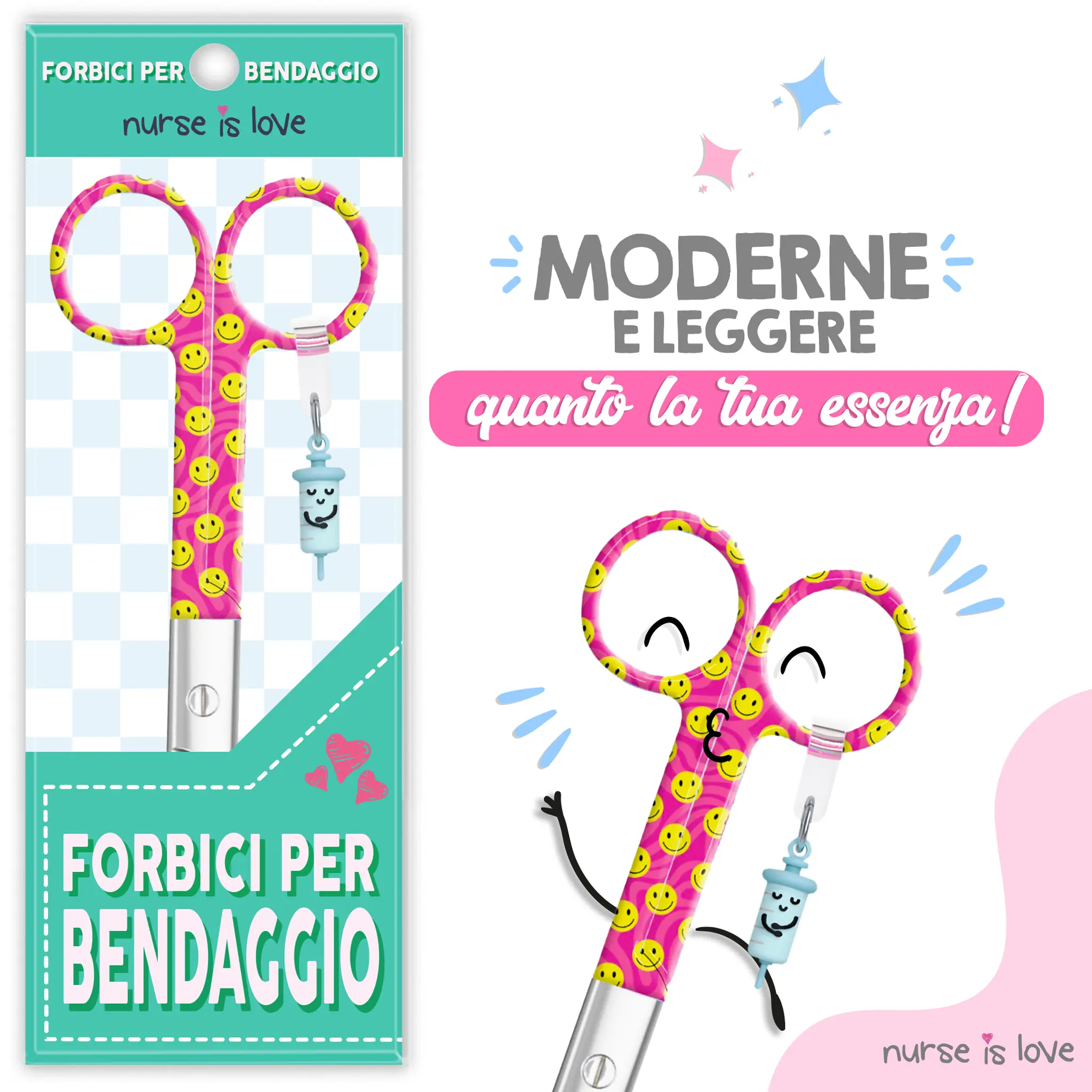 Forbici da Infermiera a Becco d’Anatra con Faccina Felice Rosa