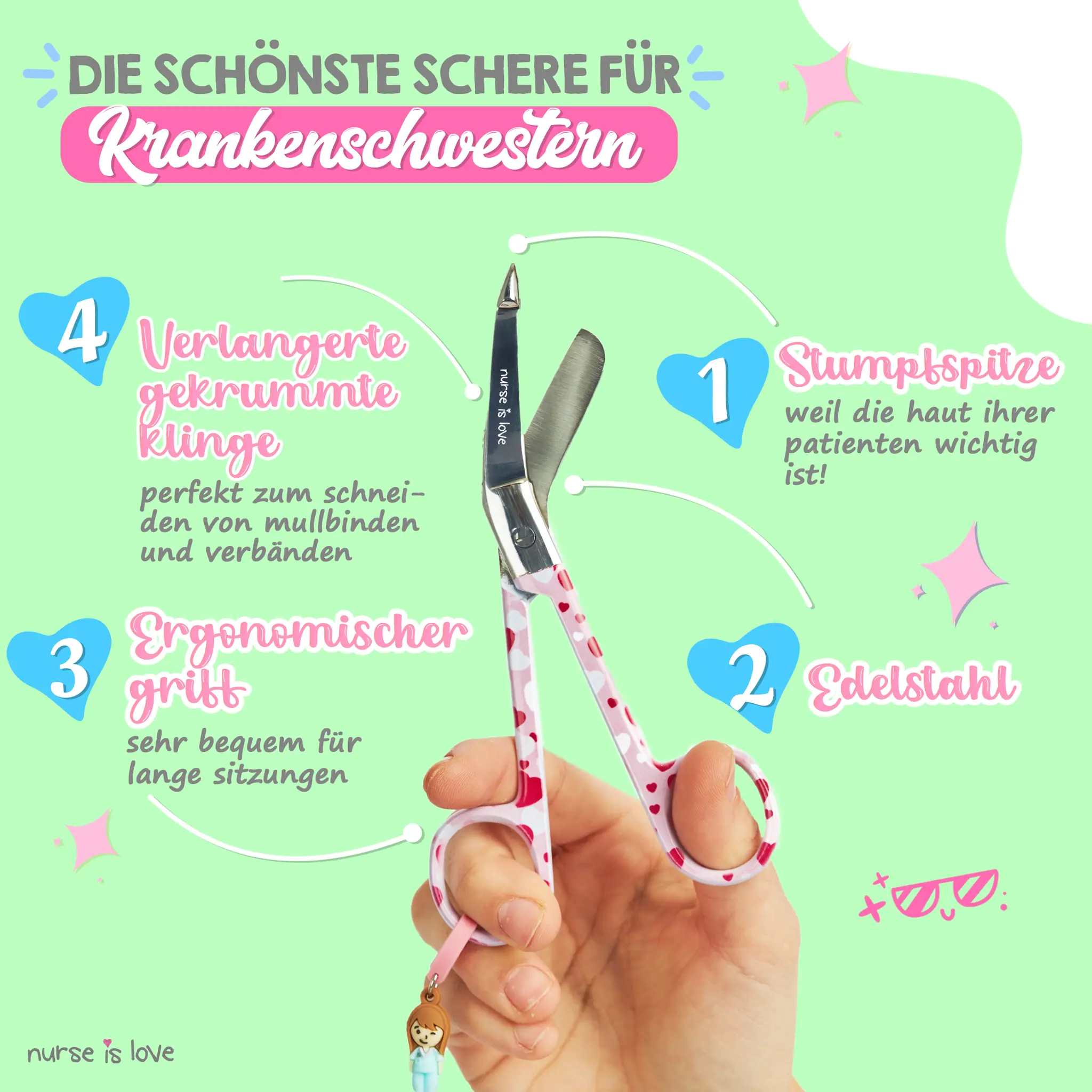Pflegeschere Entenschnabel Herzen auf rosa Hintergrund