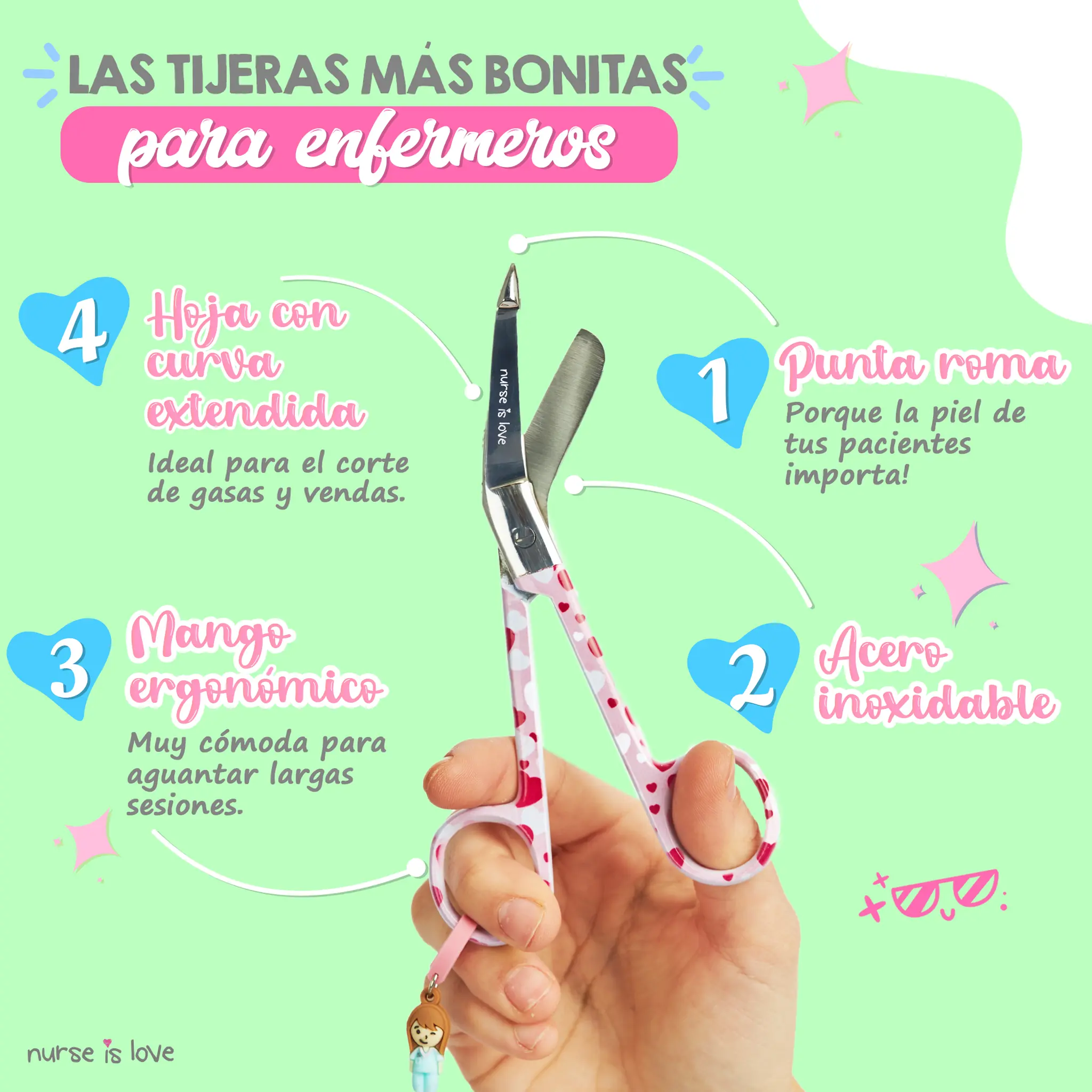 Tijeras Enfermería Pico de Pato corazones fondo rosa