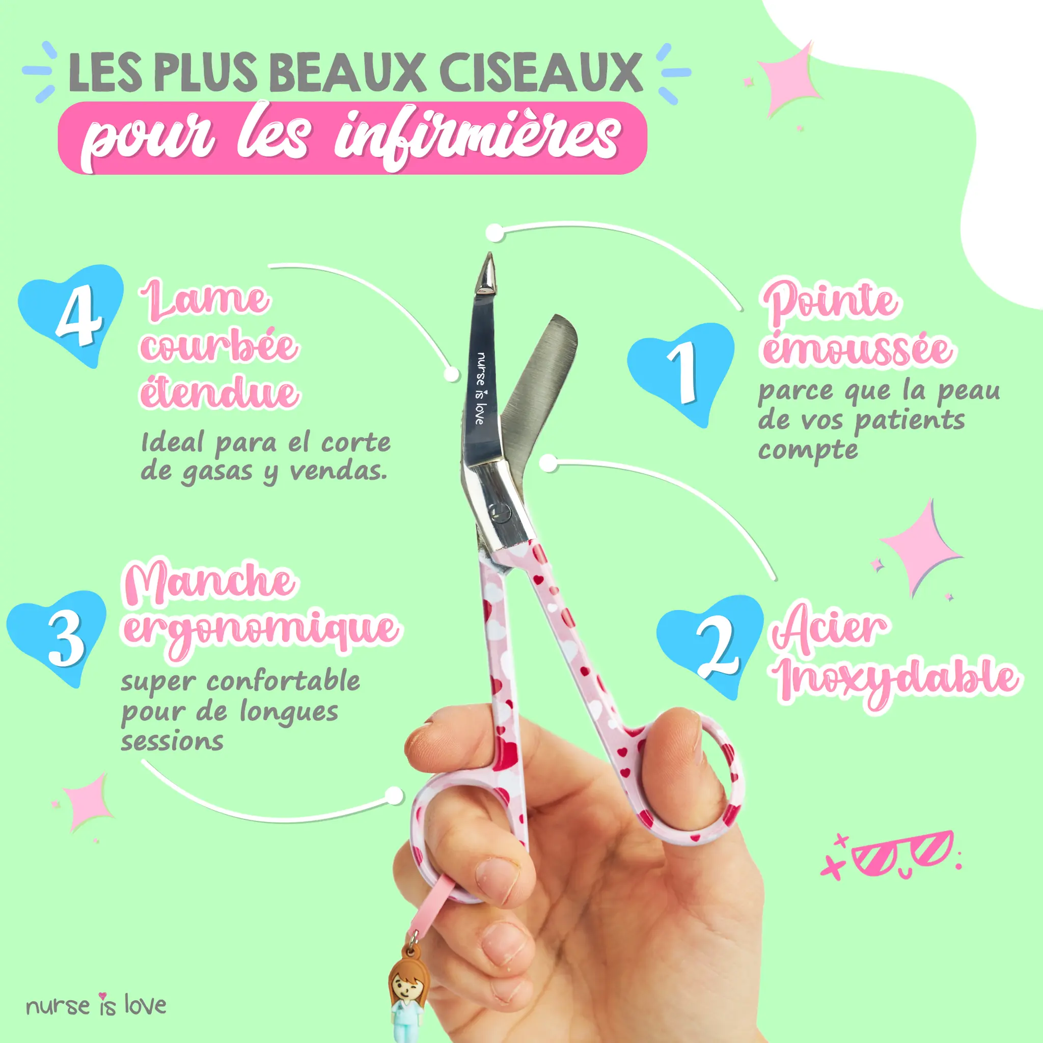 Ciseaux d’Infirmier à Bec de Canard Cœurs fond rose
