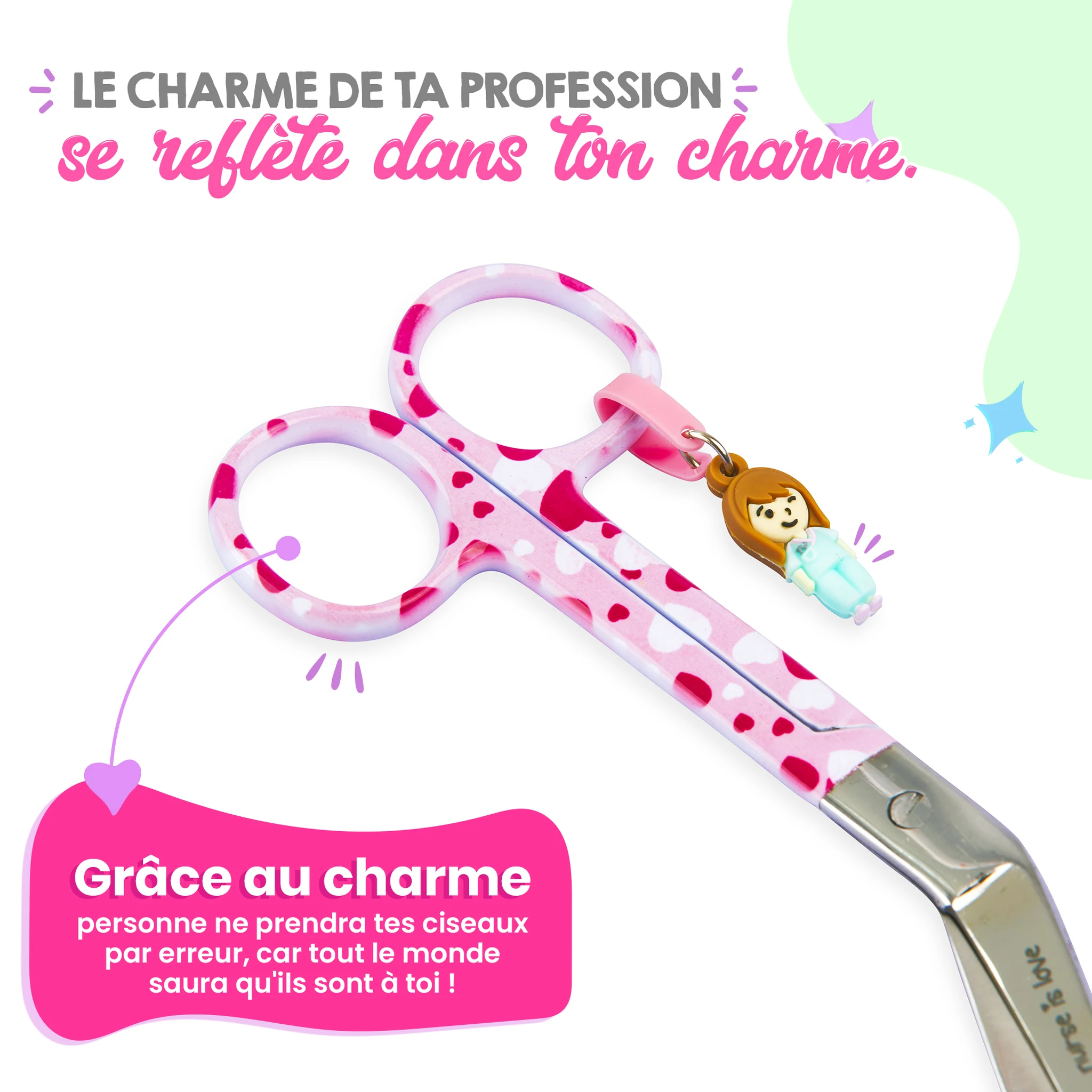 Ciseaux d’Infirmier à Bec de Canard Cœurs fond rose
