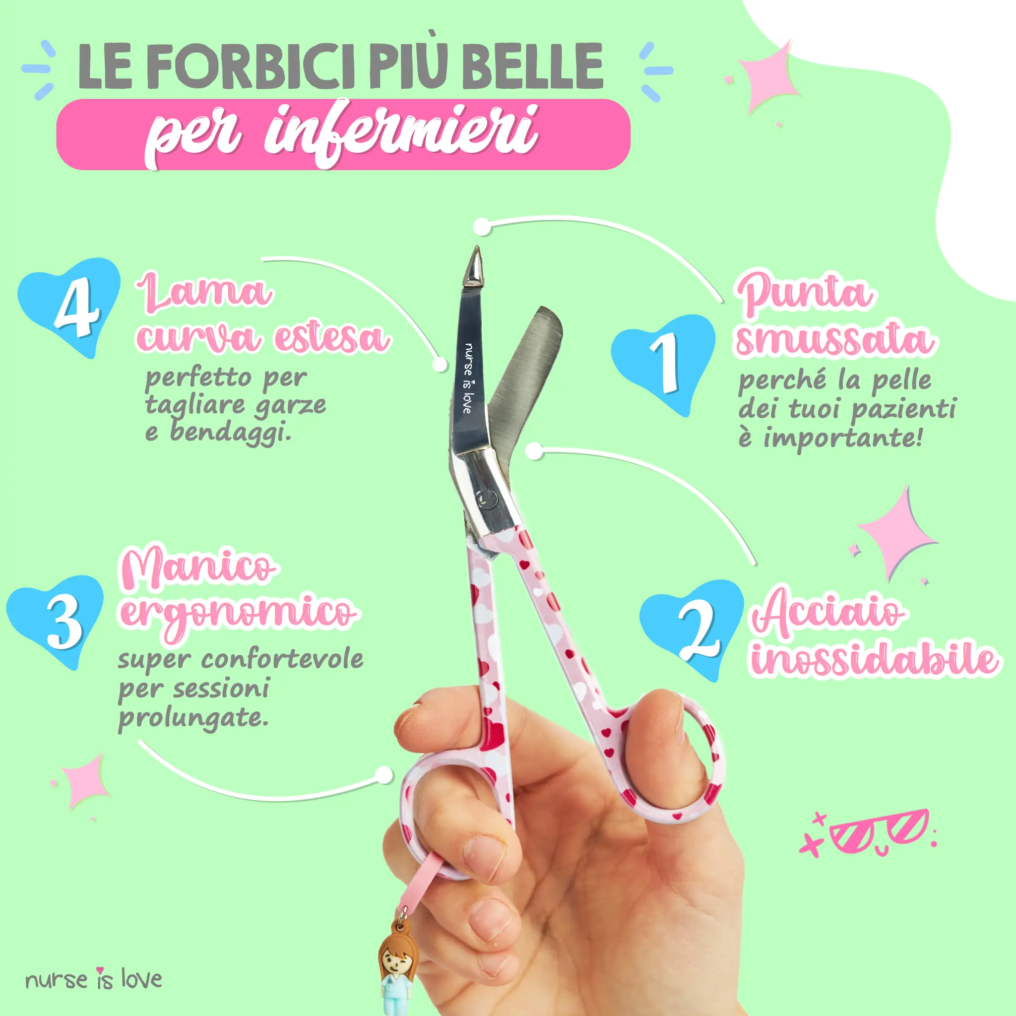 Forbici Infermieristiche Pico di Pato Cuori Fondo Rosa