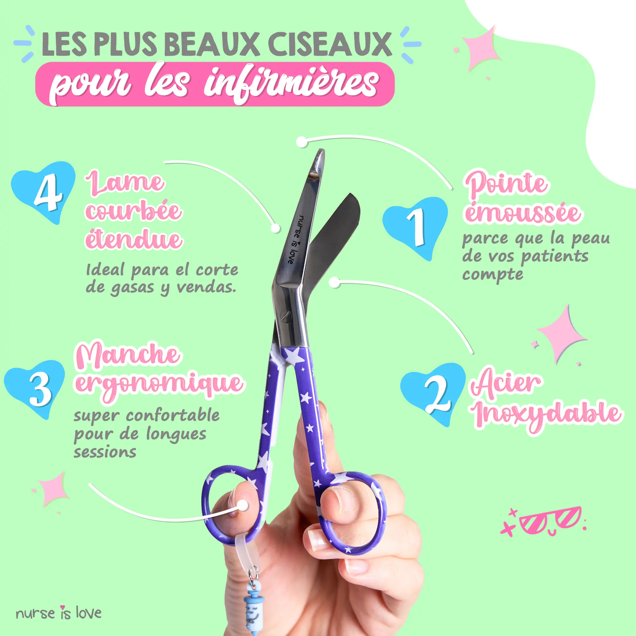 Ciseaux Infirmiers Bec de Canard Étoiles Bleues